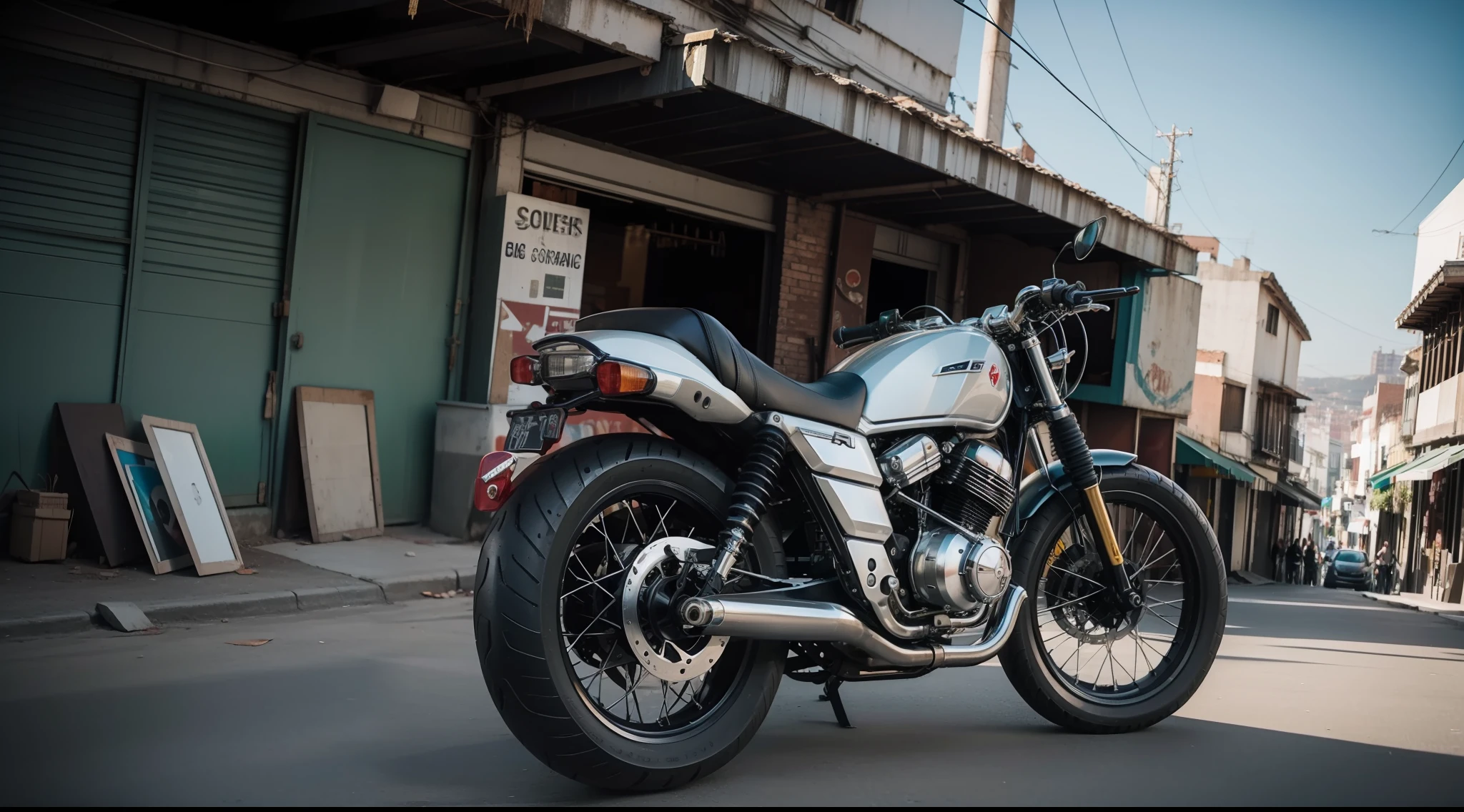 Motocicleta del futuro circulando por una ciudad destruida y abandonada