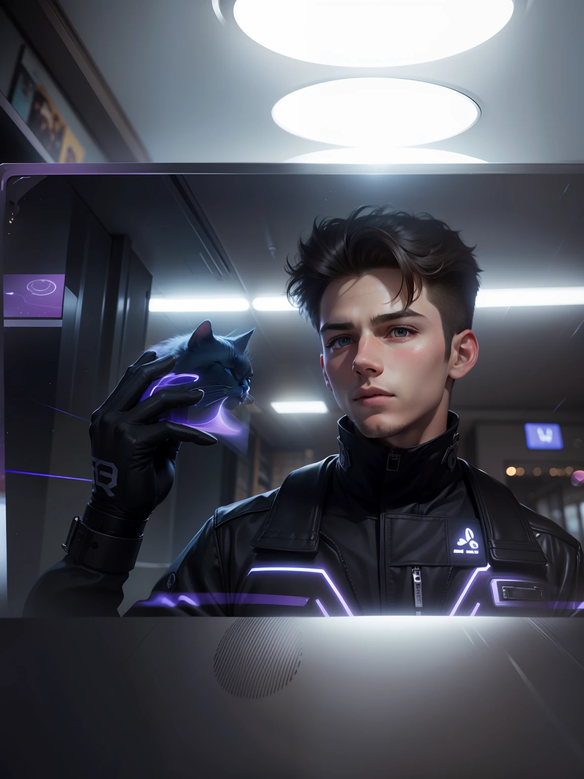 Change background,  cute boy ,realistic face ,8k , ultra realistic, taking selfie, with cat,