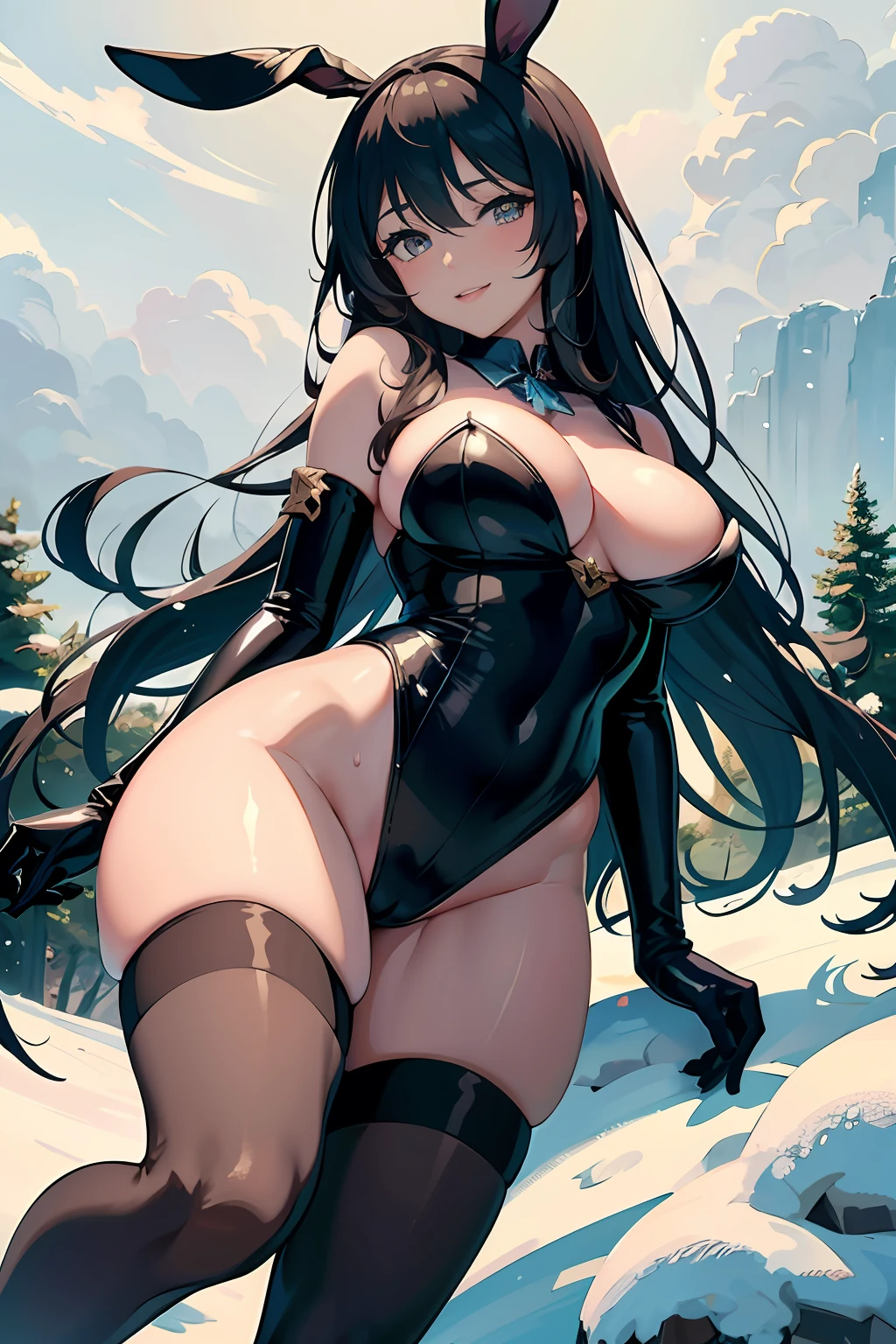 1female，25 age old，Large breasts，Pornographic exposure， 独奏，（Background with：ports，coniferous forest，at winter season，Snow on the ground） with his long black hair， standing on your feet，Sweat profusely，drenched all over the body，seen from the front， curlies， mostly cloudy sky，（（（tmasterpiece），（Very detailed CG unity 8K wallpaper），best qualtiy，cinmatic lighting，detailed back ground，beatiful detailed eyes，Bright pupils，（Very fine and beautiful），（Beautiful and detailed eye description），ultra - detailed，tmasterpiece，）），facing at camera，A high resolution，ultra - detailed），bunnygirl，Wearing a sexy bunny girl uniform，Wear rabbit ears，blackstockings，beautifullegs，revealing breasts，Bare genitalia， Bulge，Camel toes，Raised sexy，Flushed complexion，Open-mouthed，Smile，frontage