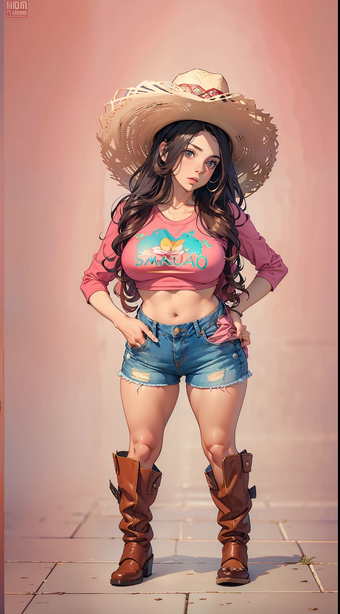 mulher, de quatro, short jeans rasgado, buceta e ???? a mostra, super gostosa, ultra realista, delineado, 8k, cowboy hat on head, camiseta quadriculada rosa, ????? expostos