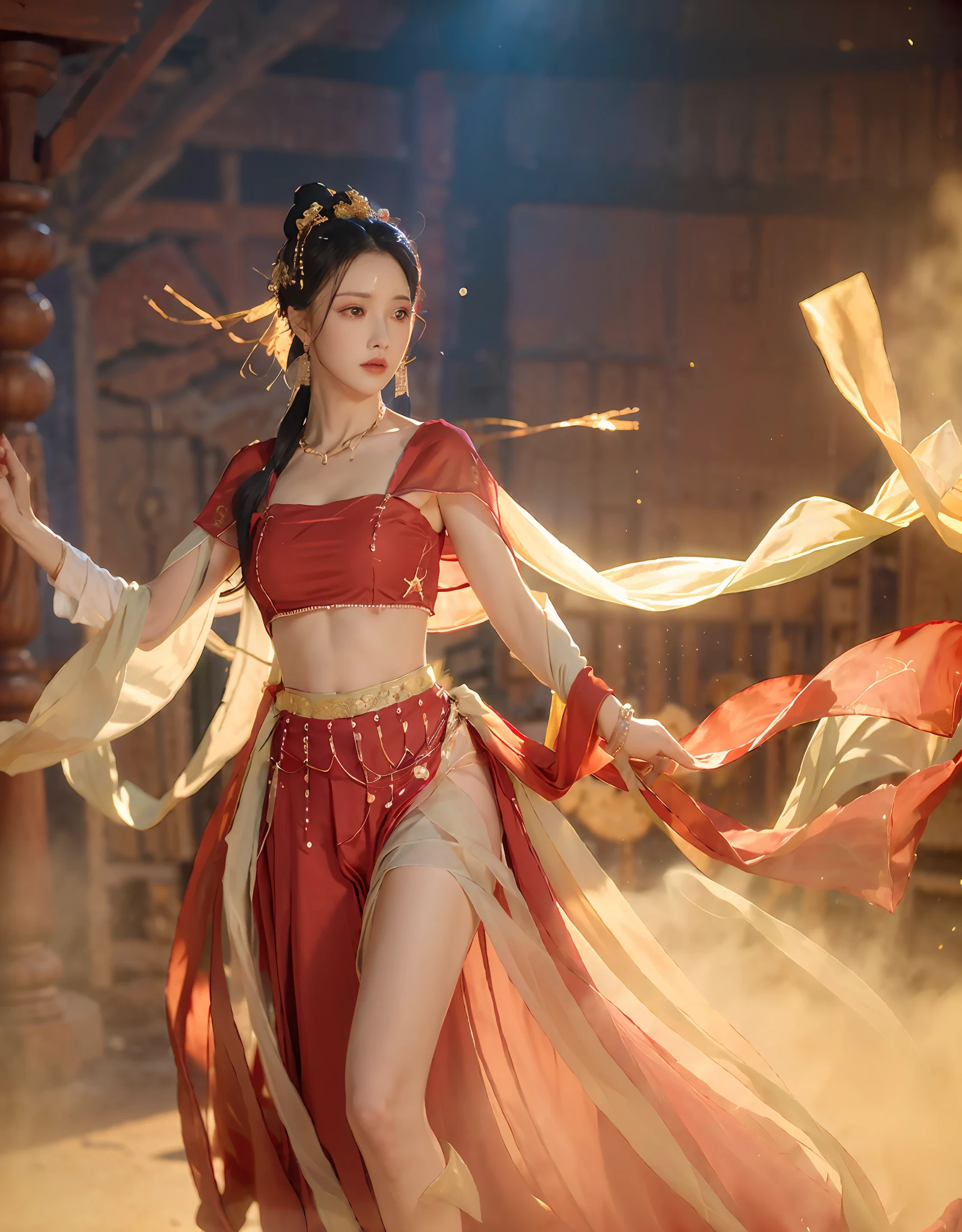(8k, RAW photo, best quality, masterpiece:1.2), (realistic, photo-realistic:1.4), (extremely detailed CG unity 8k wallpaper), (1 girl:1.5), Western beauty, (Red clothes: 1.4), red spots on forehead, pale skin, blush, big eyes, full body, thighs, open navel, gold waist chain, gold jewelry, flying ribbons, particles, background is Loulan ancient city, ancient city wall, desert, dance, dunhuang_dress, dunhuang_style,