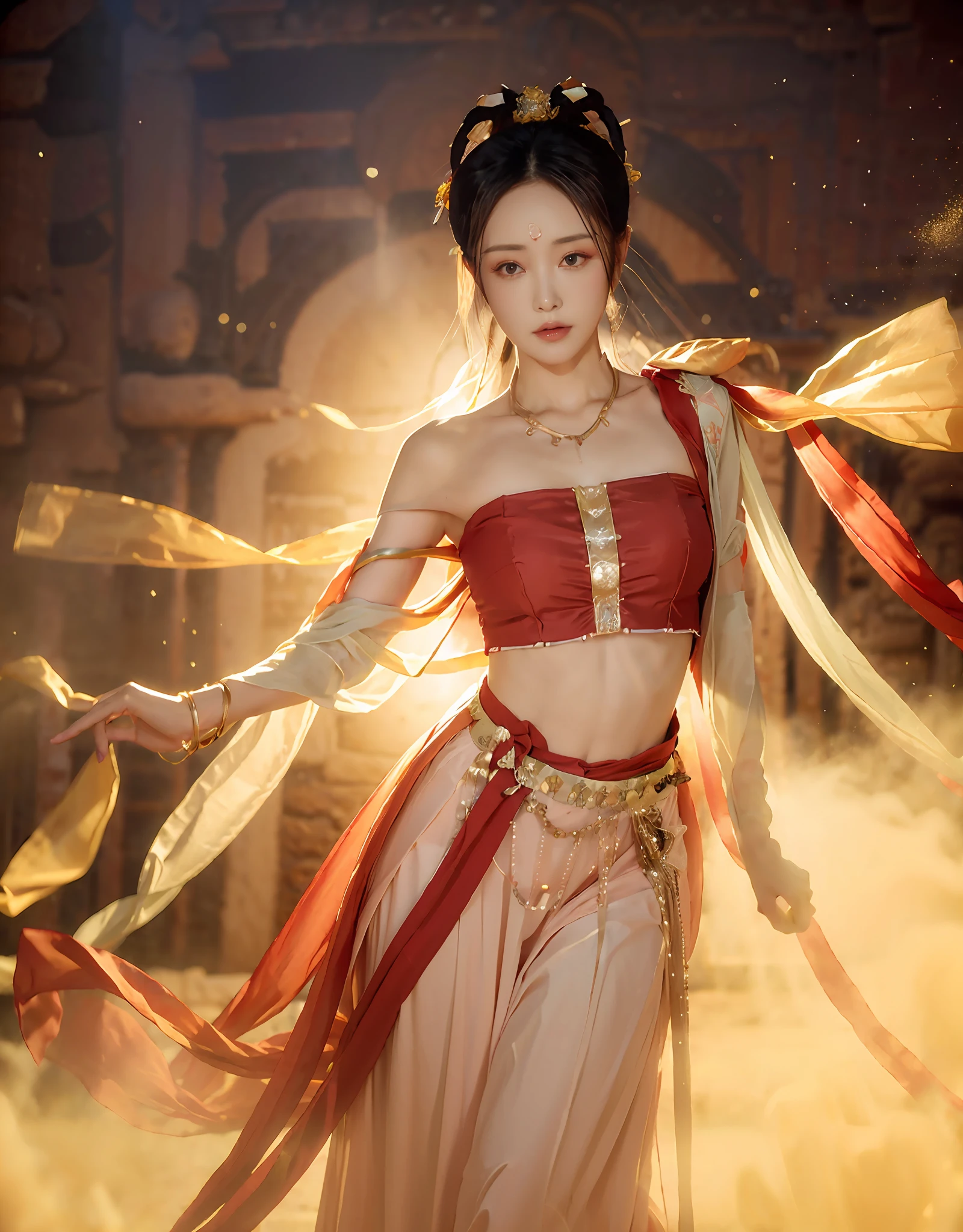(8k, RAW photo, best quality, masterpiece:1.2), (realistic, photo-realistic:1.4), (extremely detailed CG unity 8k wallpaper), (1 girl:1.5), Western beauty, (Red clothes: 1.4), red spots on forehead, pale skin, blush, big eyes, full body, thighs, open navel, gold waist chain, gold jewelry, flying ribbons, particles, background is Loulan ancient city, ancient city wall, desert, dance, dunhuang_dress, dunhuang_style,