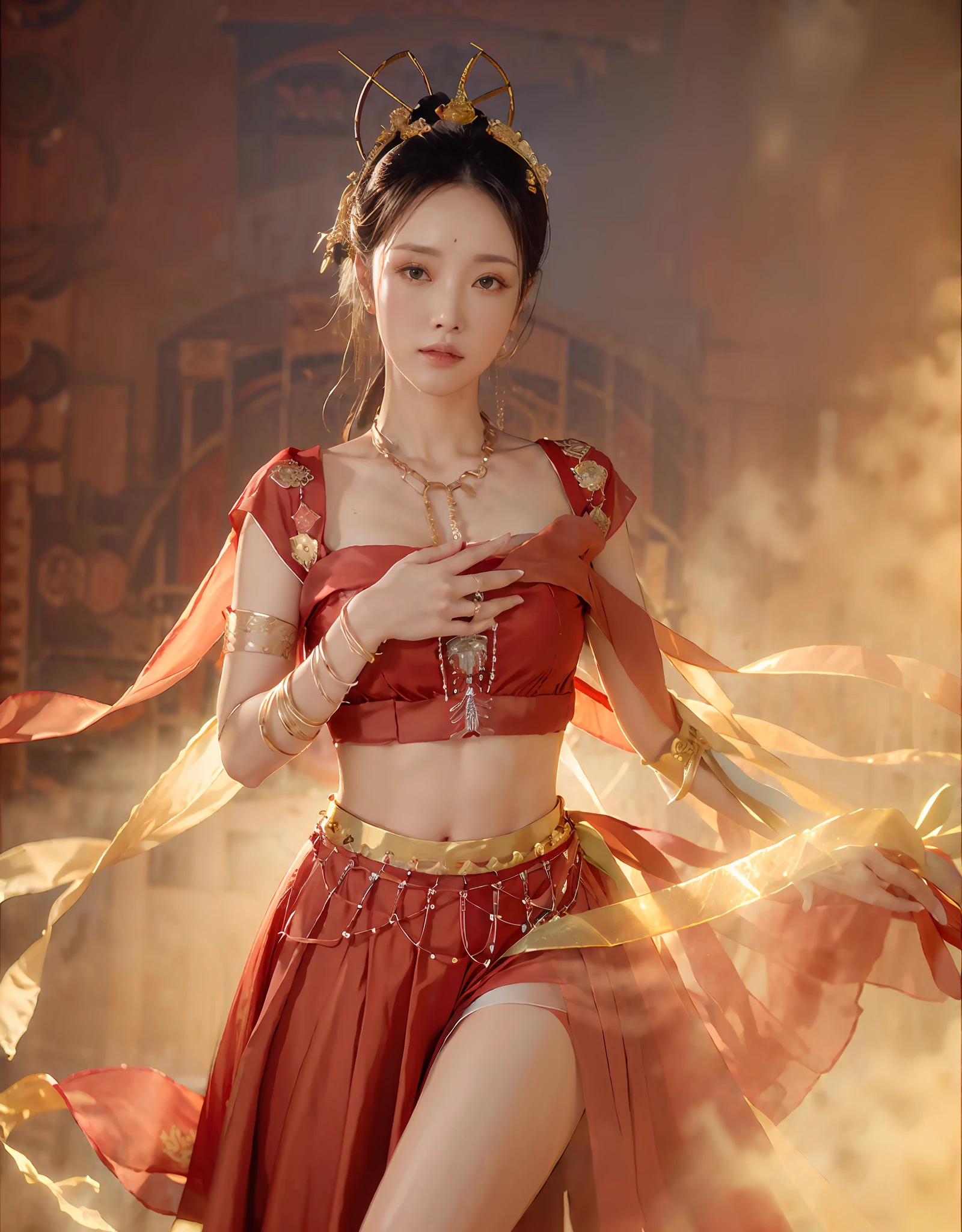 (8k, RAW photo, best quality, masterpiece:1.2), (realistic, photo-realistic:1.4), (extremely detailed CG unity 8k wallpaper), (1 girl:1.5), Western beauty, (Red clothes: 1.4), red spots on forehead, pale skin, blush, big eyes, full body, thighs, open navel, gold waist chain, gold jewelry, flying ribbons, particles, background is Loulan ancient city, ancient city wall, desert, dance, dunhuang_dress, dunhuang_style,