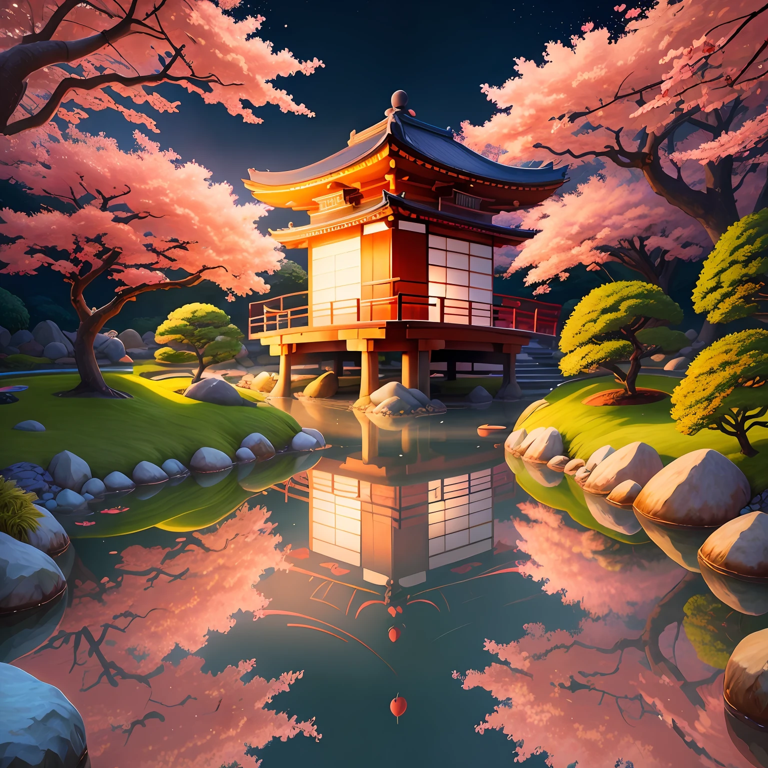 (digital painting),(best quality), serene Japanese garden, cherry blossoms in full bloom, koi pond, footbridge, pagoda, Ukiyo-e art style, Hokusai inspiration, Deviant Art popular, 8k ultra-realistic, pastel color scheme, soft lighting, golden hour, tranquil atmosphere, landscape orientation