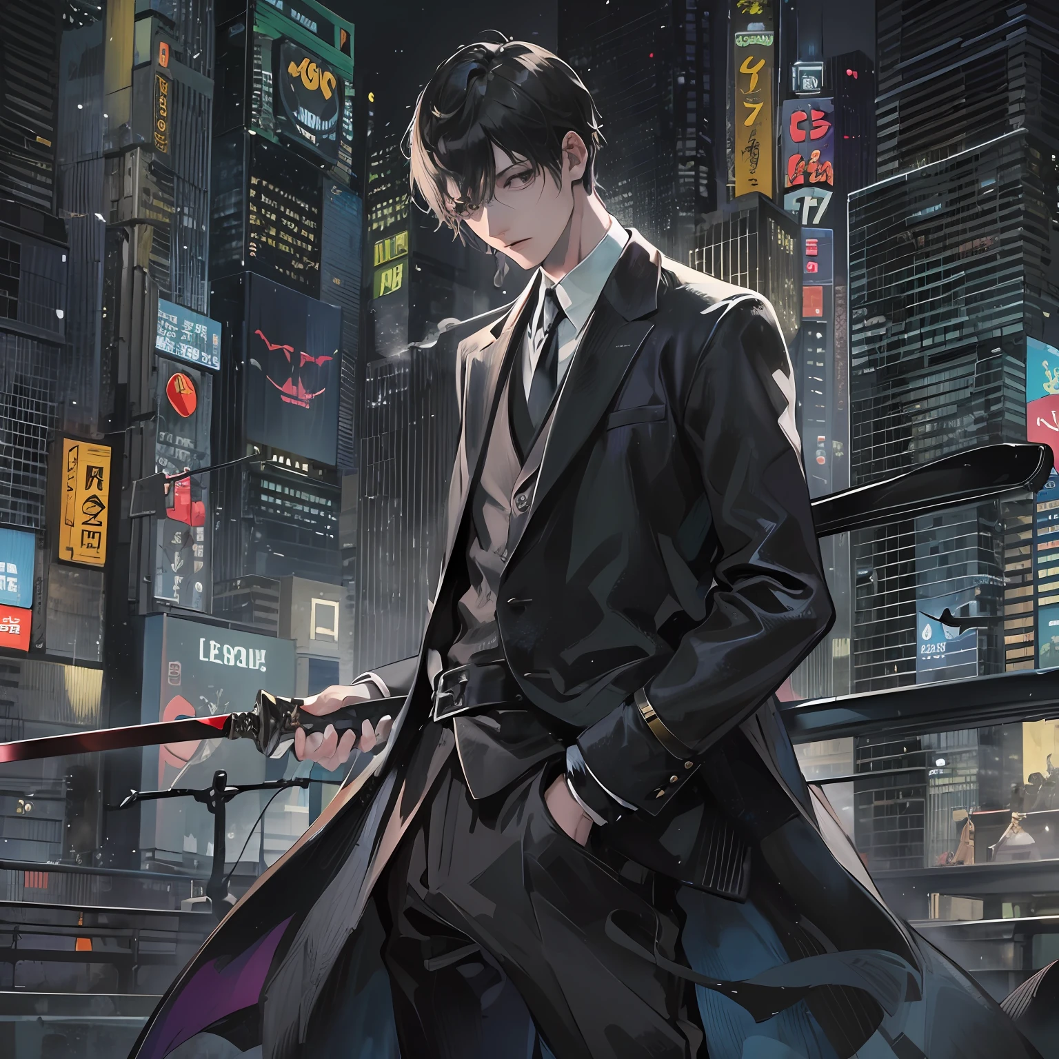man of 40 years old、being thin、Long coat in black、Japan sword at the waist、Obi sword、Smoking、black suits、Black slacks、white shirt、Black short-haired、Black eyes、Bad eyes、Lack of sleep、Unhealthy、morbid、tall、Gotham city