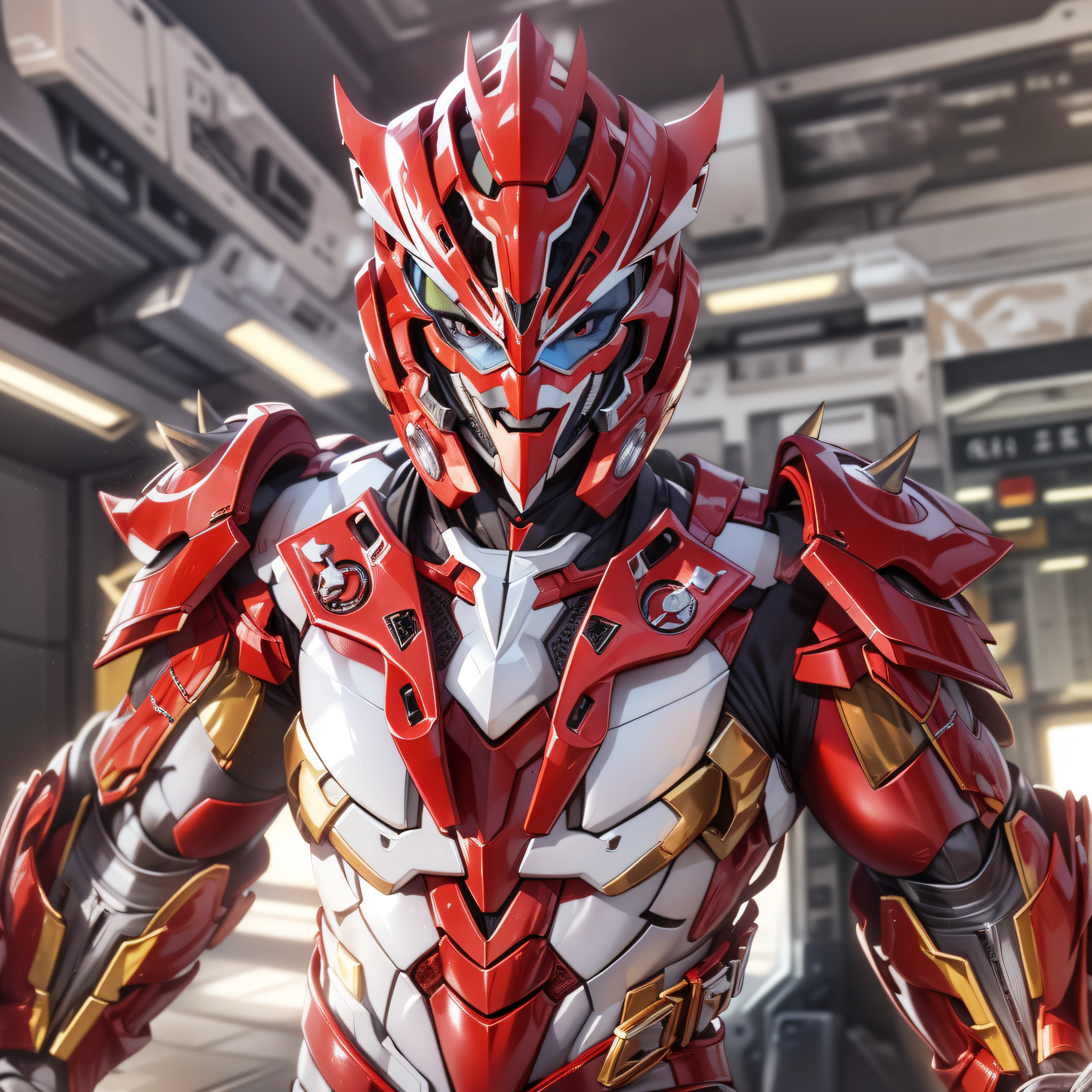 1man, masterpiece,best quality, masterpiece, high detail,detailed face,detailed eyes,rendered eyes,perfect eyes,hip lines,ambient occlusion,crisp image,detailed,amazing,8k,8k wallpaper,8k in megazord cockpit background, high detailed skin,high res, ((male shot)), (running), megazord, mecha, (sitting in megazord cockpit) ((solo)), (red chrome Power Ranger), (((red chrome armor, red chrome Rhino helmet, red chrome bodysuit, white belt, black eyes, white gloves))), (((white boots))), gold chrome armor, white gloves, red chrome bodysuit, vambraces, photo-realistic, ultra-realistic, unreal engine,