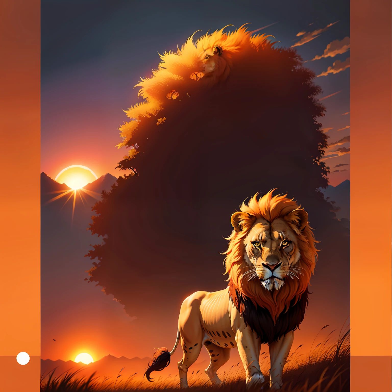 A majestic and regal lion, its golden mane flowing in the wind as it prowls through the tall grass of the savannah. In the distance, the setting sun paints the sky in shades of fiery orange and deep purple, casting a warm and welcoming glow across the African landscape.