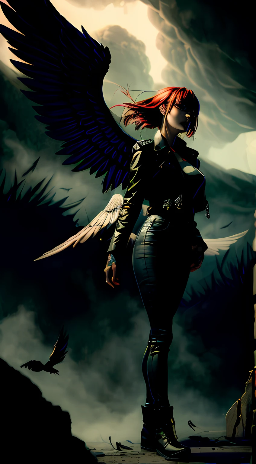 masterpiece, best quality,(best quality:1.1), (masterpiece:1.2), a blend of realistic (studio ghibli:0.5)and (Lois Van Baarle:0.5) captivating dark comic style, where a fallen Angel with leather jacket and skinny jeans her black wings fan out dramatically flying feathers drop with tattoos and piercing. She is on his knees amidst a grim landscape of skulls. With eyes a blaze, (Anna Anikeyka:1) captivating dark comic style. She is muscular strong and filled with sadness. Skulls the image is in green hues (Hayley Atwell:1) sharp focus on face and body