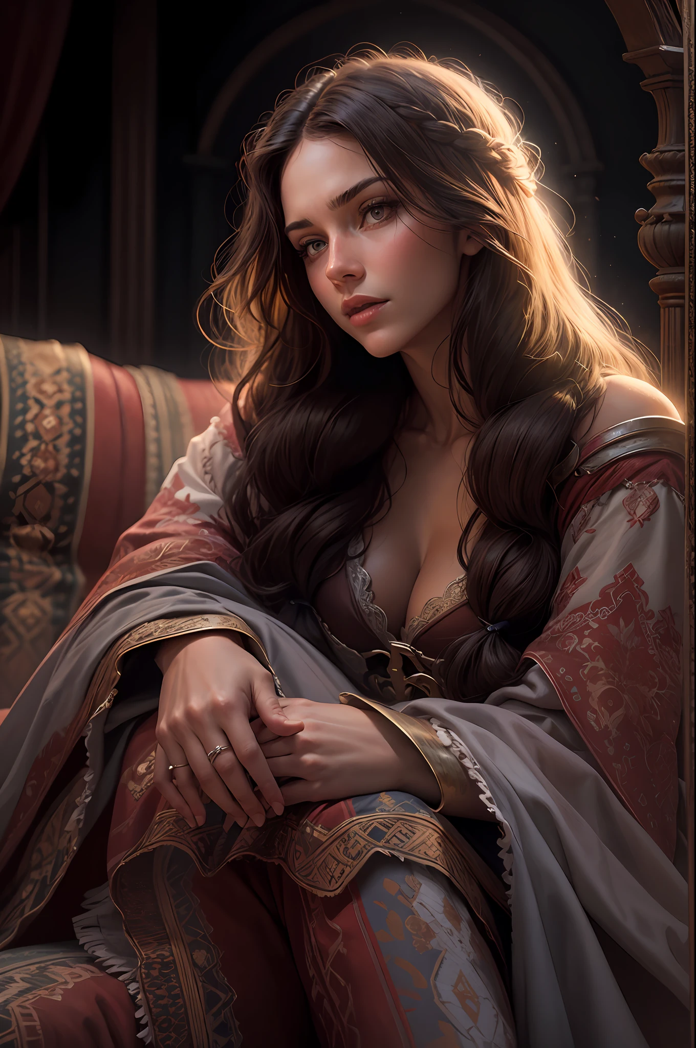 A brunette woman with long hair sitting on a couch, Realistic, Muitos detalhes, Tema Fantasia Medieval, corpo inteiro, rosto da princesa, corpo definido, Realismo, Cinematic lighting, de cima, super detalhe