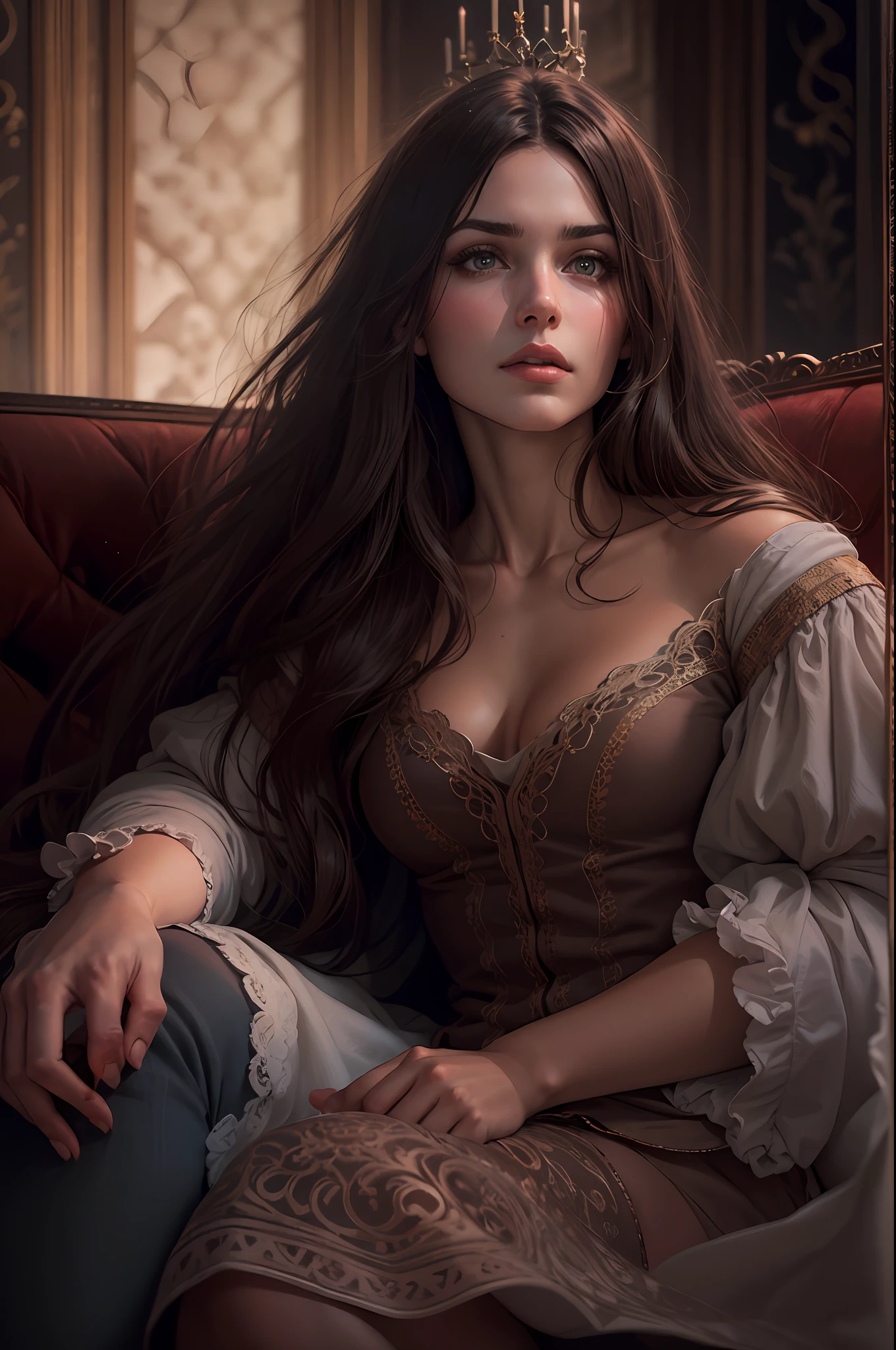 A brunette woman with long hair sitting on a couch, Realistic, Muitos detalhes, Tema Fantasia Medieval, corpo inteiro, rosto da princesa, corpo definido, Realismo, Cinematic lighting, de cima, super detalhe