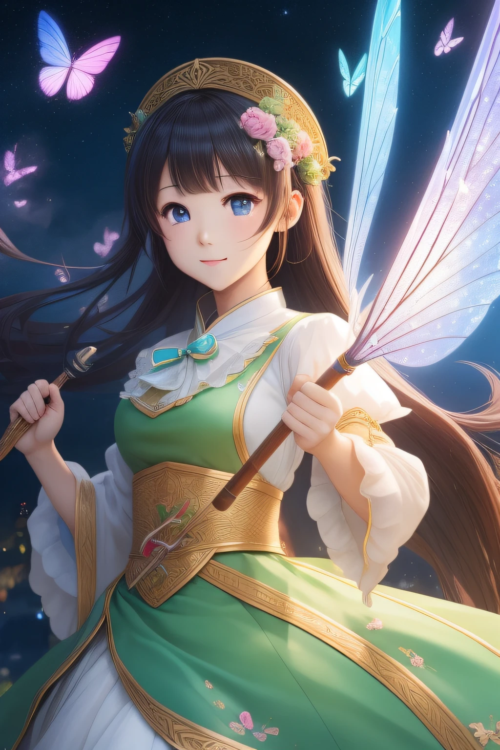 (masterpiece、top-quality:1.3)、ighly detailed、Convoluted、8k、HDR、wall-paper、电影灯光、、Skysky、flight、Holding the baton、LINE Fairy、SHINES、Green Fairy Kappo、Beautiful eyes、Fantasia、(「Is that all I want to say??」Responses to)、Playing Akkanbe、Screen-filling people、realisitic、Leprechaun、Fluttering into the sky、