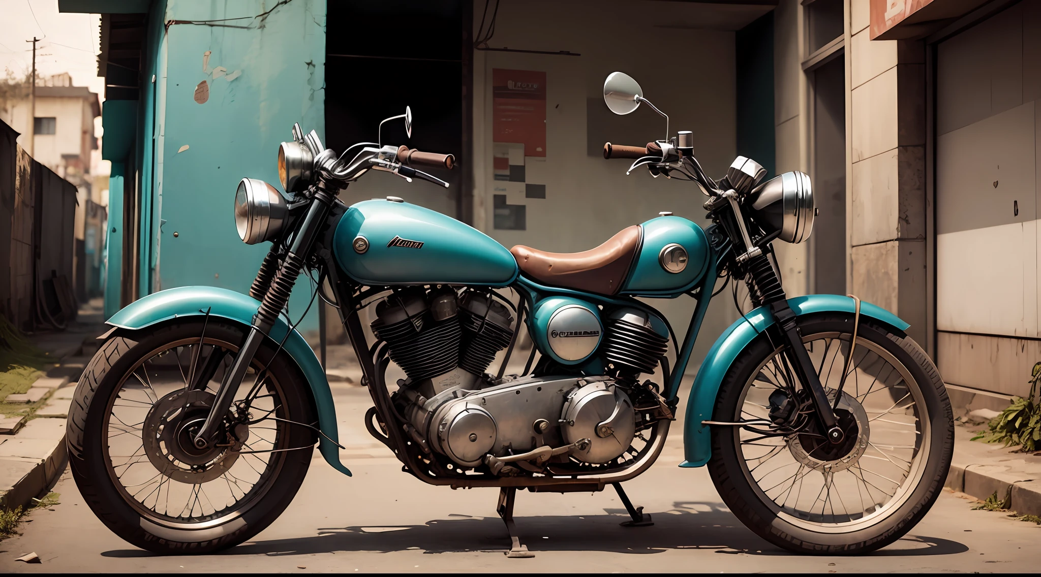 Motocicleta futurista recorriendo una ciudad devastada y abandonada. --auto