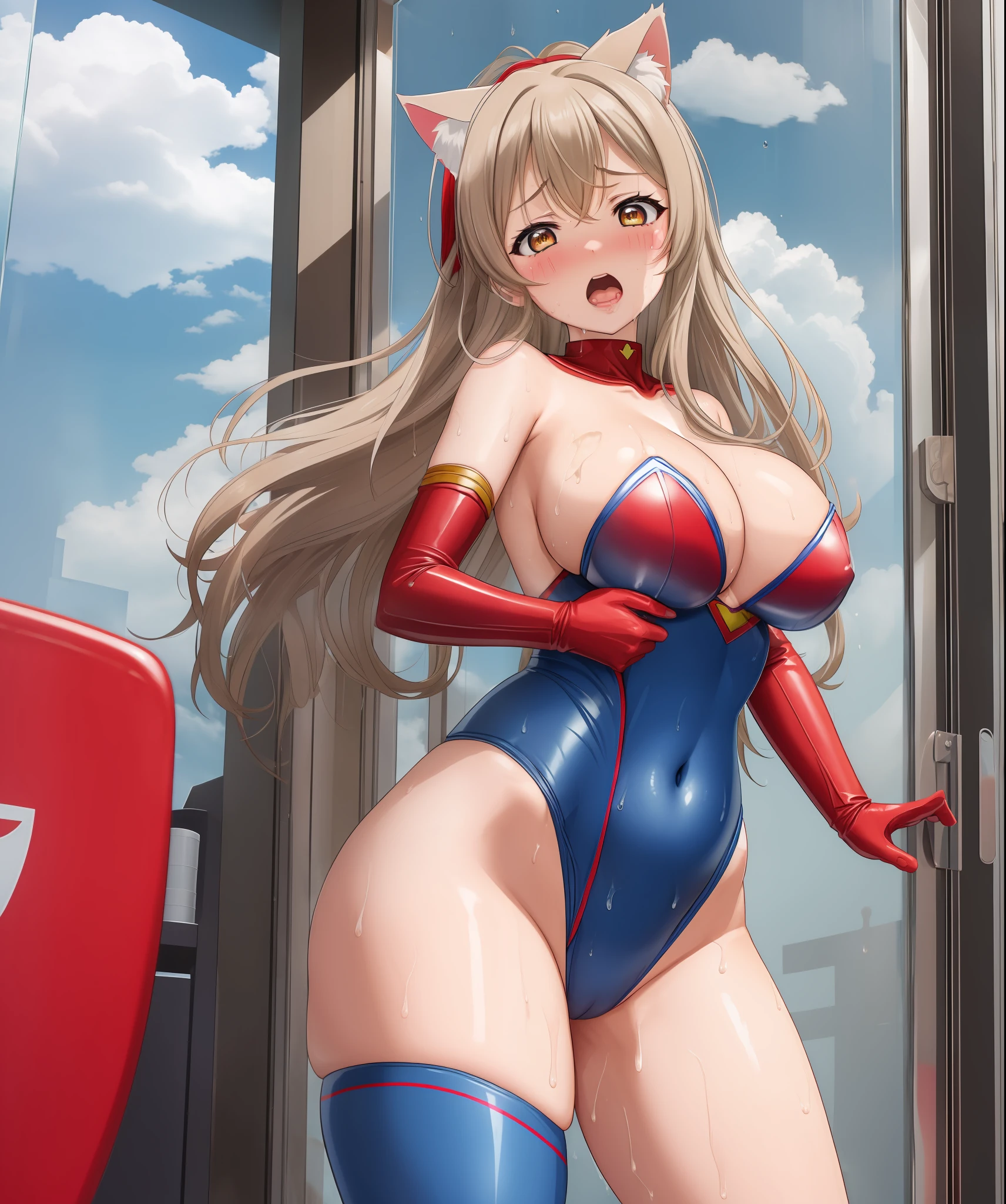 llchar ,pov,breasts_on_glass ,breast press, against glass, navel, embarrassed, Minami kotori, masterpiece, best quality, superman custom, red gloves, red boots, clouds, sky, Skin tight, sense of guilt,sadness,loss, defeat, leotard, Looking sleeves, Cat ears, fake animal ear, Open mouth, (Big breasts:1.2), cleavage,thicc, cowboy shot, sweating,wet