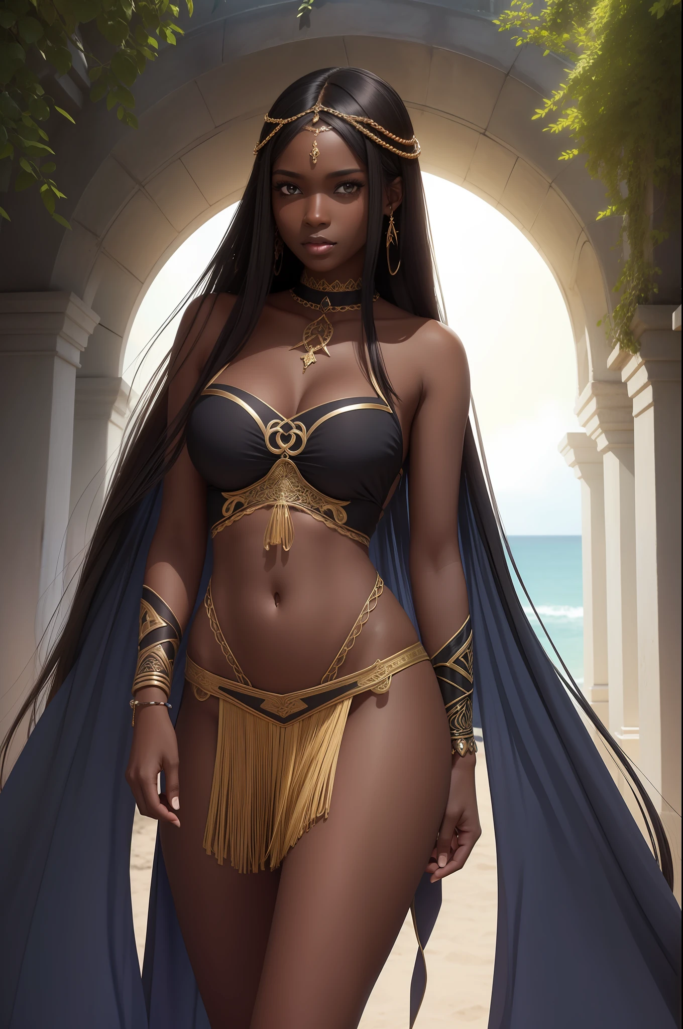 22 years old woman, dark skin, long dark hair, light summer clothes, high fantasy style, medievial style