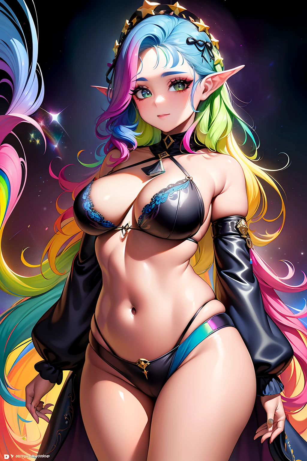 uma linda garota, (rosto ultra detalhado), (((rainbow hair))), (olhos detalhados), (pupila amarela), ((olhos amarelos)), (((large eyelashes))), ((Tira Reta)), ((rainbow colored hair)), ((Onze)), corpo de mulher madura, (seios grandes), (quadril largo), ((ornamento no cabelo), exibindo figura delicada e curvas graciosas, Ethereal, celestial, galaxy, estrelas, cosmic enlightenment, fotografia de estilo sonhador, super detalhado, roupas vermelhas, Multicolored blue smoke background, vaca leiteira, ((vaca))