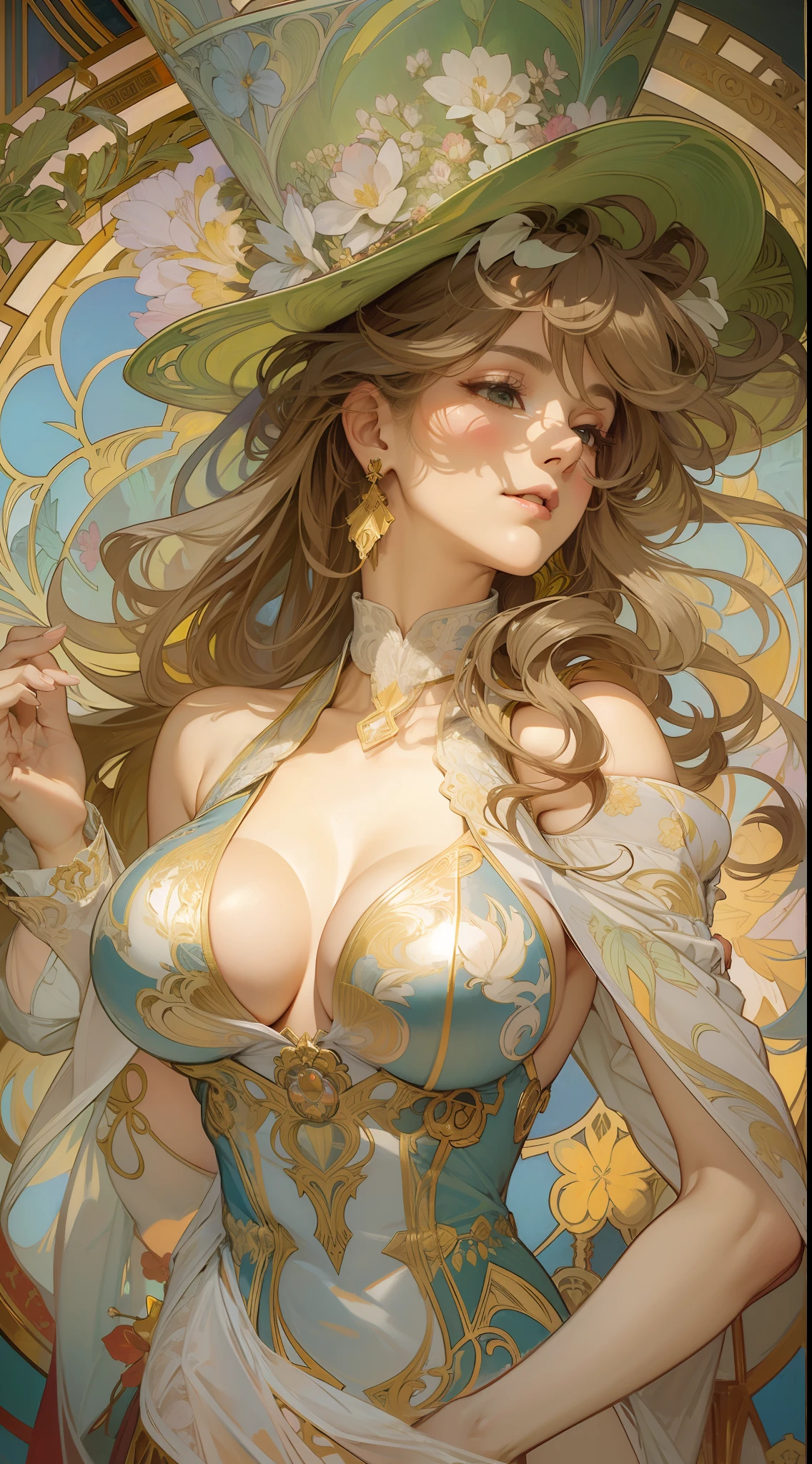 beautiful lady, Alphonse Mucha's style、Top hat、tailcoat, 比基尼, tiese, light reflections, Oil painting, voluminetric lighting,sexy big breasts exposed,extremely large bosom,
