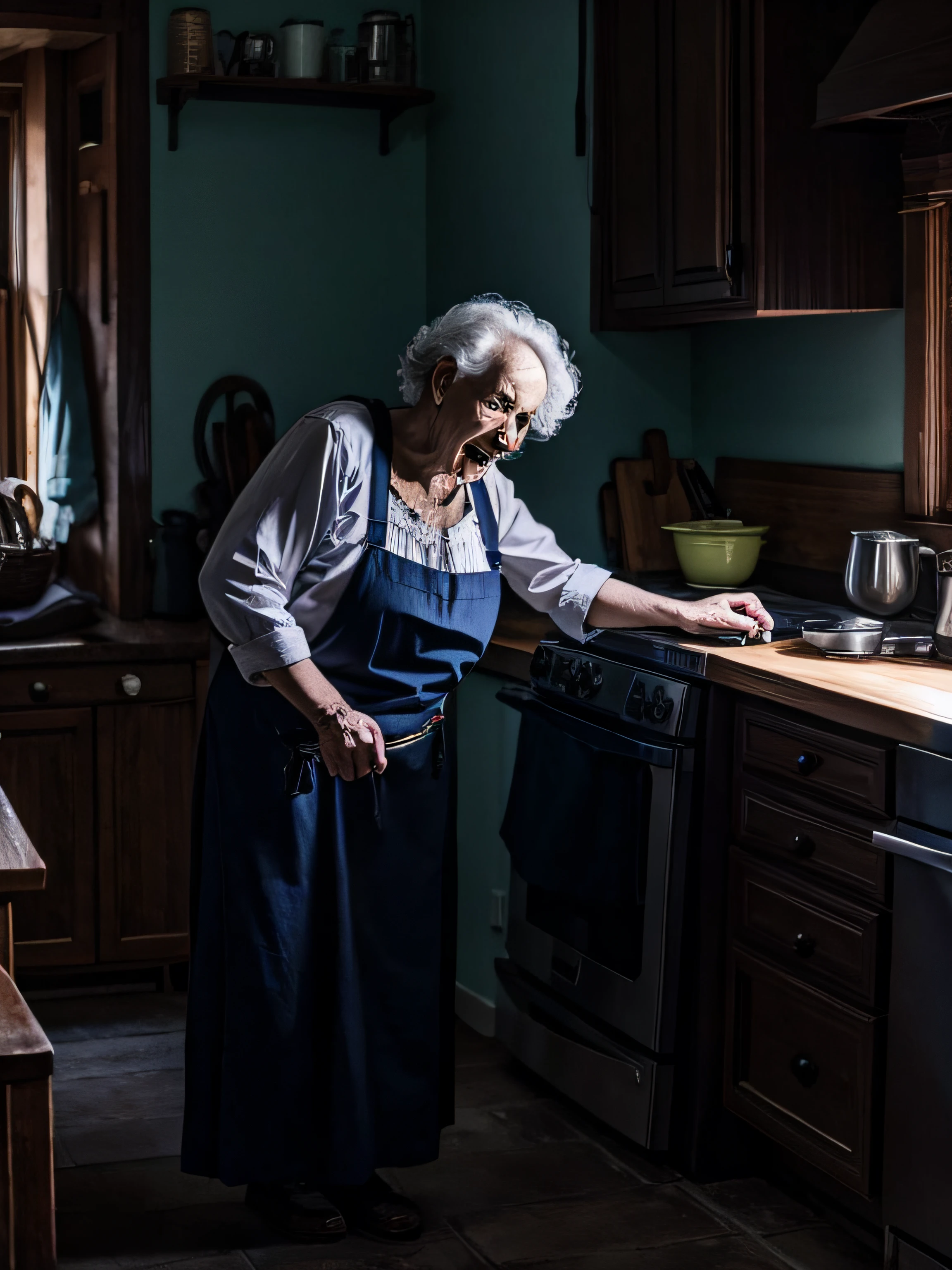 Scary old woman in the kitchen