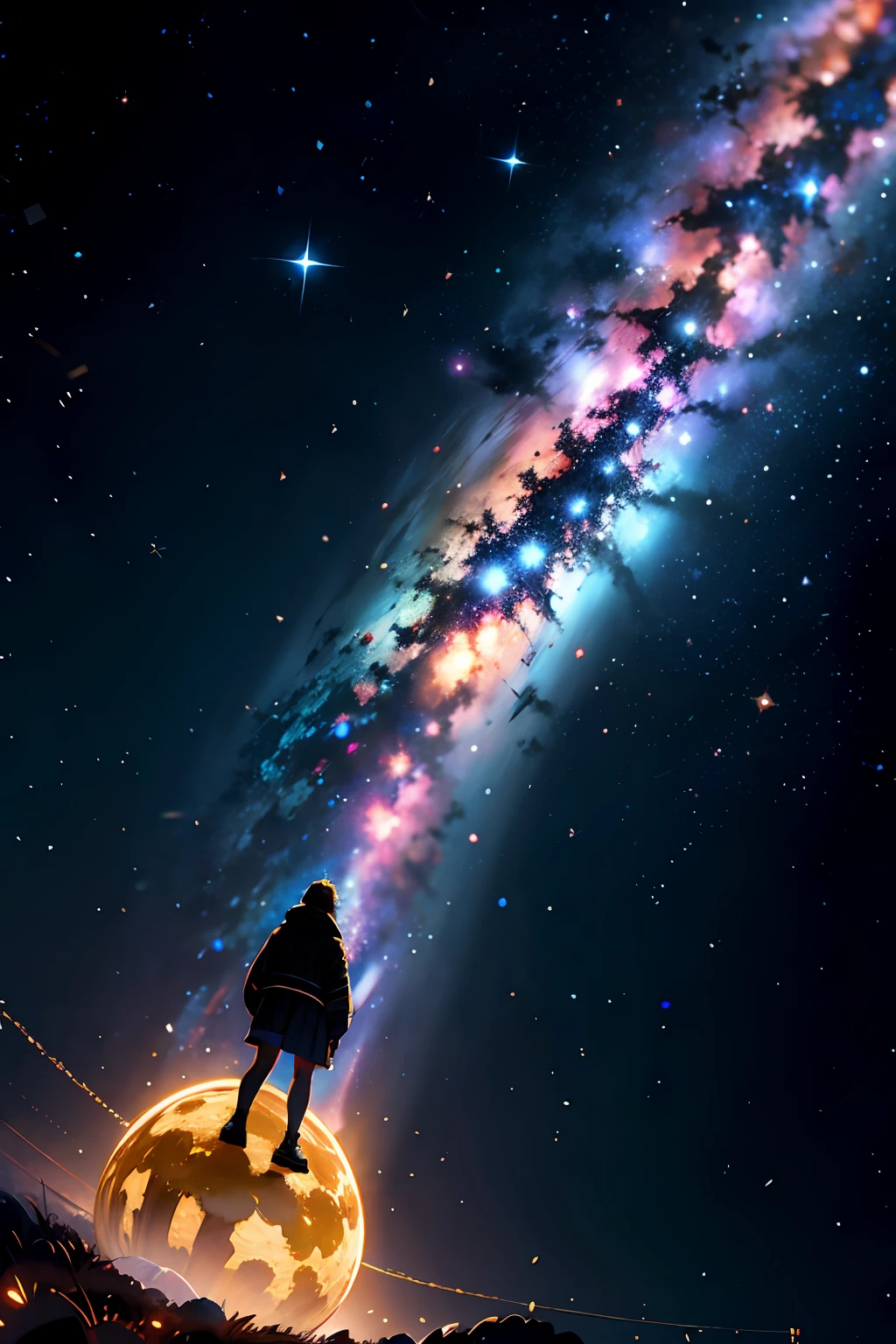 1menino, solo, standingn, outer space, estrela gigante, estrela brilhante, dim sky, roupas de nobre, roupa branca, roupa dourada, roupa preta, yggdrasil tree, giant tree, estrelas menores, (8k super detalhado), (obra-prima), ((obra-prima)), ((cinematic quality)).