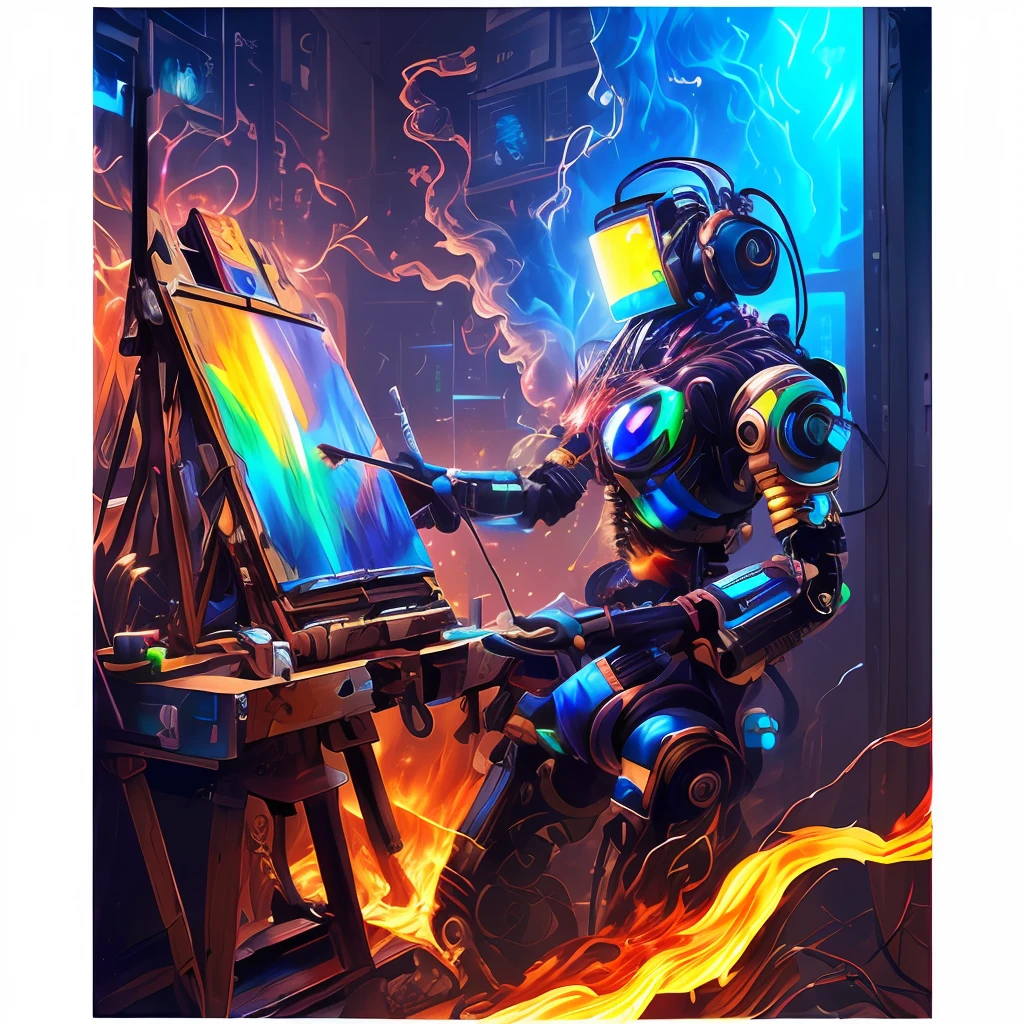 (masterpiece, best quality, highres, absurdres, detailed:1.2), humanoid, robot, wearing headphones, looking away, (cyberpunk, art canvas, paint brush, easel, iridescent, holographic: 1.6), (cables, wires, flames, fire, smoke, overheat, explosion, indoors, room, simple background)