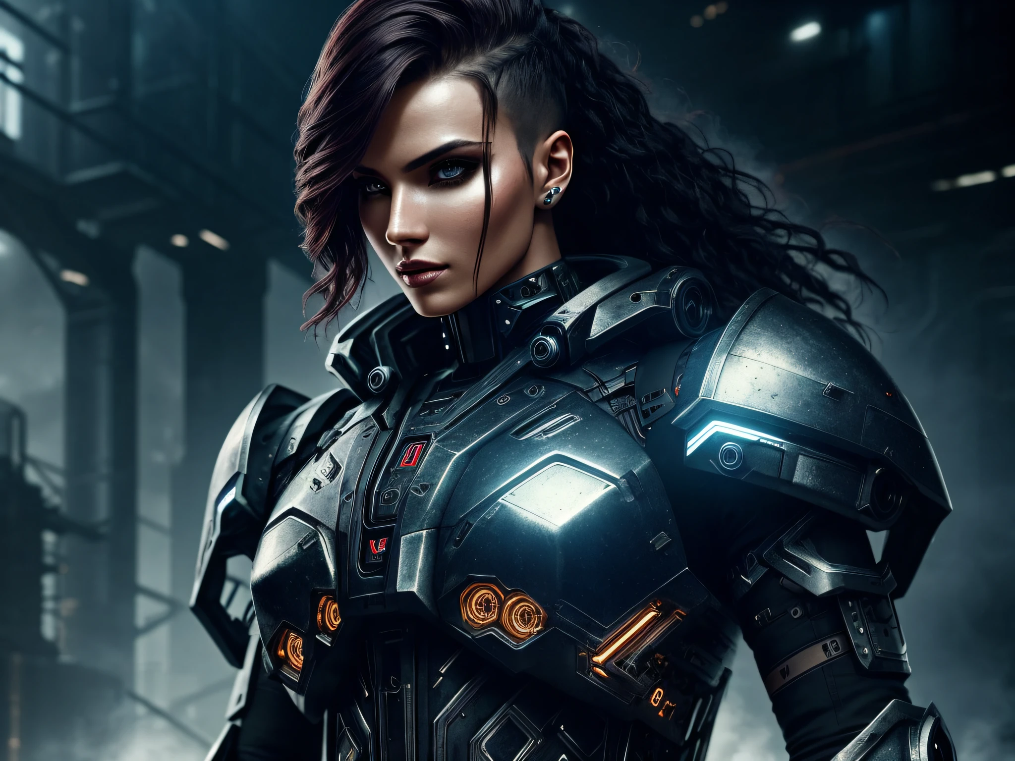 a beautiful woman cyborg warrior in the Style-RustMagic, cyberpunk augmentation, cyberware, cyborg, carbon fiber, chrome, implants, metal skull, cyber plate armor, (dark atmosphere:1.2), (fog & smoke), (dark night:1.3), scars, (dark medium length disheveled hair:1.1), (eyeshadow:1.1), (beautifully detailed glow:1.2), (Cinematic lighting), intricate detail, highres, rounded eyes, detailed facial features, sharp focus, smooth, aesthetic, detailed dark industrial factory background, stylish pose, dynamic pose, (dramapaint), (opt-6000:0.9)