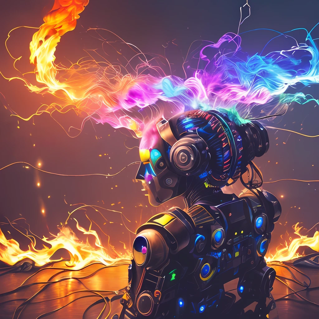(masterpiece, best quality, highres, absurdres, detailed:1.2), humanoid, robot, wearing headphones, looking away, (cyberpunk, art canvas, paint brush, easel, iridescent, holographic: 1.6), (cables, wires, flames, fire, smoke, overheat, explosion, indoors, room, simple background)