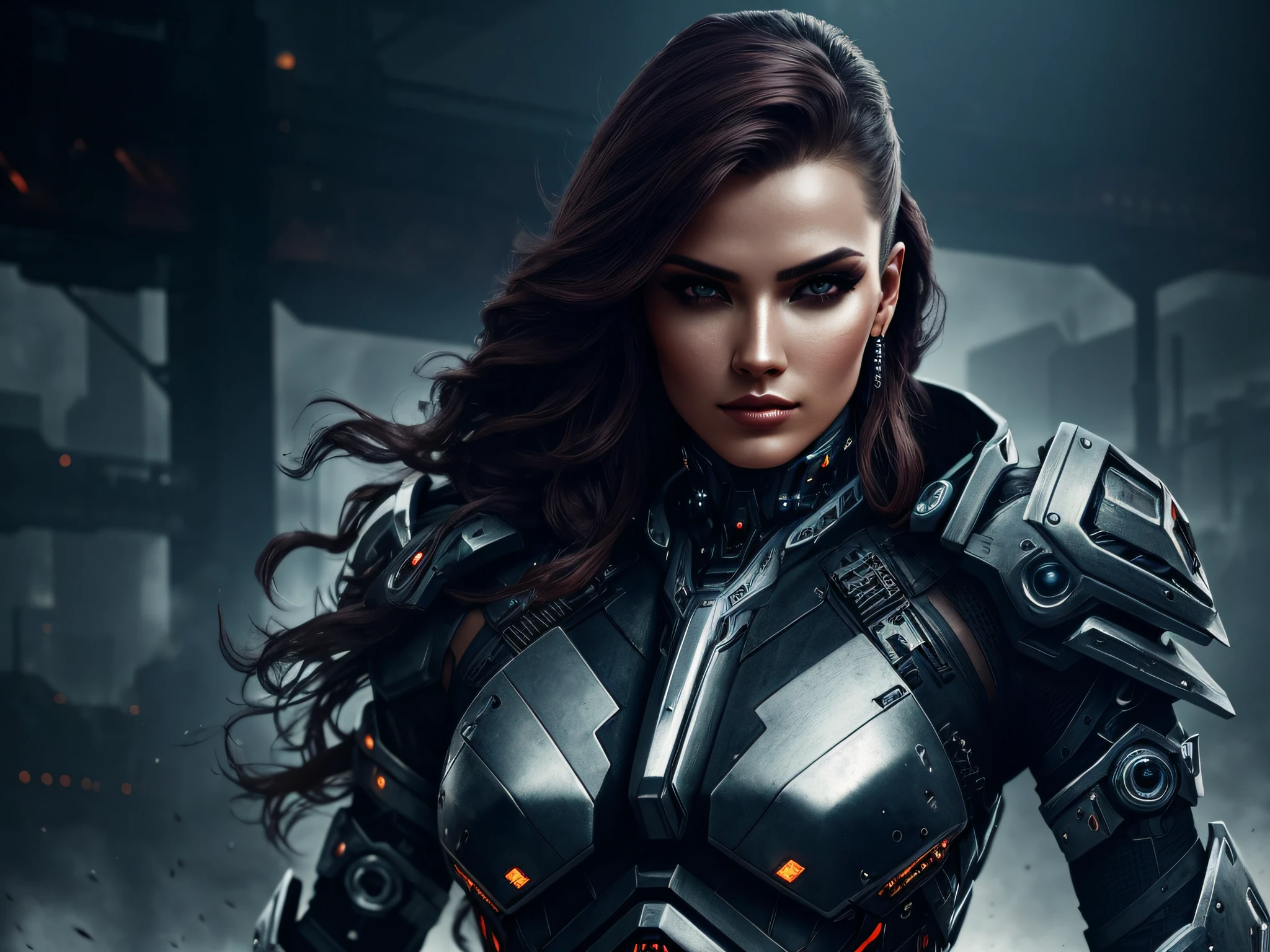 a beautiful woman cyborg warrior in the Style-RustMagic, cyberpunk augmentation, cyberware, cyborg, carbon fiber, chrome, implants, metal skull, cyber plate armor, (dark atmosphere:1.2), (fog & smoke), (dark night:1.3), scars, (dark medium length disheveled hair:1.1), (eyeshadow:1.1), (beautifully detailed glow:1.2), (Cinematic lighting), intricate detail, highres, rounded eyes, detailed facial features, sharp focus, smooth, aesthetic, detailed dark industrial factory background, stylish pose, dynamic pose, (dramapaint), (opt-6000:0.9)