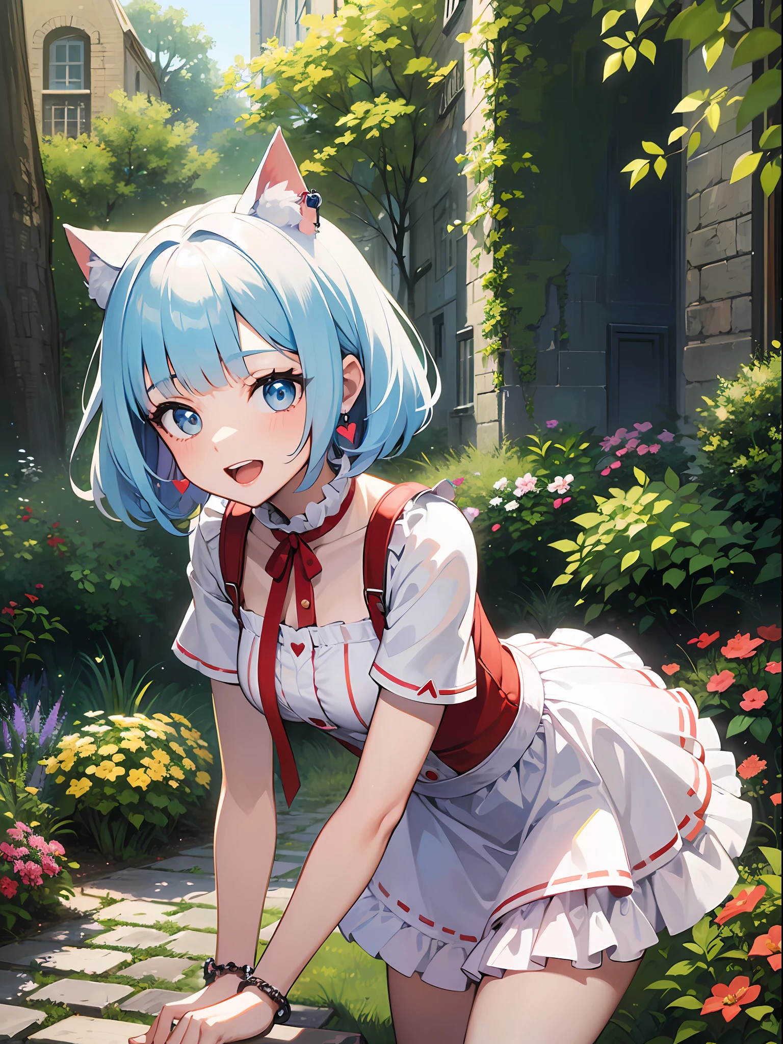 (masterpiece:1.3), (best quality:1.3), high resolution,
couboy shot,
leaning forward, body facing forward,
(one cute girl:1.3), solo,
white skin, small Breast, eight-headed person,
light blue hair, (bobbed hair:1.2), (short hair:1.1), (blunt bangs:1.2), beautiful hair, blue eyes, beautiful detailed eyes,
open mouth, heart, cheerful smile,
cat ears, one piece dress, frill, white and red clothes, miniskirt, earrings,
outdoors, flower garden, medieval western town,
shadowlighting,