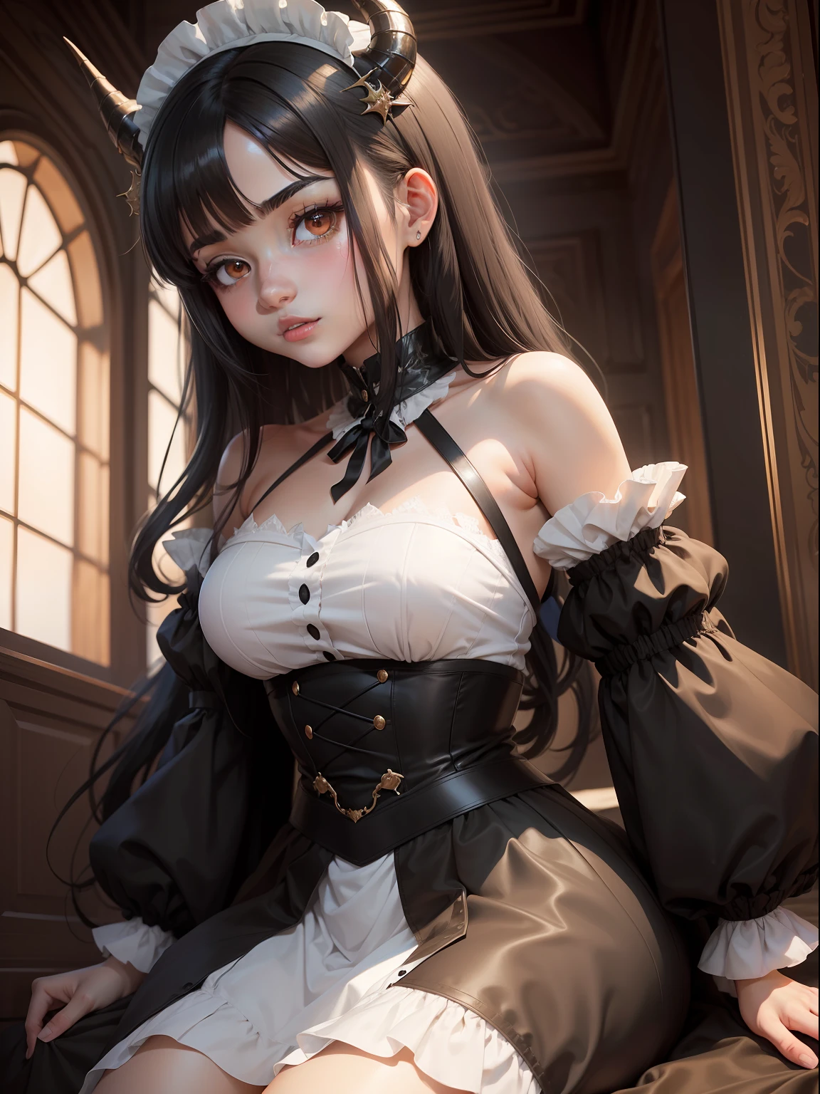 Young maid with black hair and black eyes. She is light brown and docile. anime girl. She has a horn as a dragon and some scales on her skin.