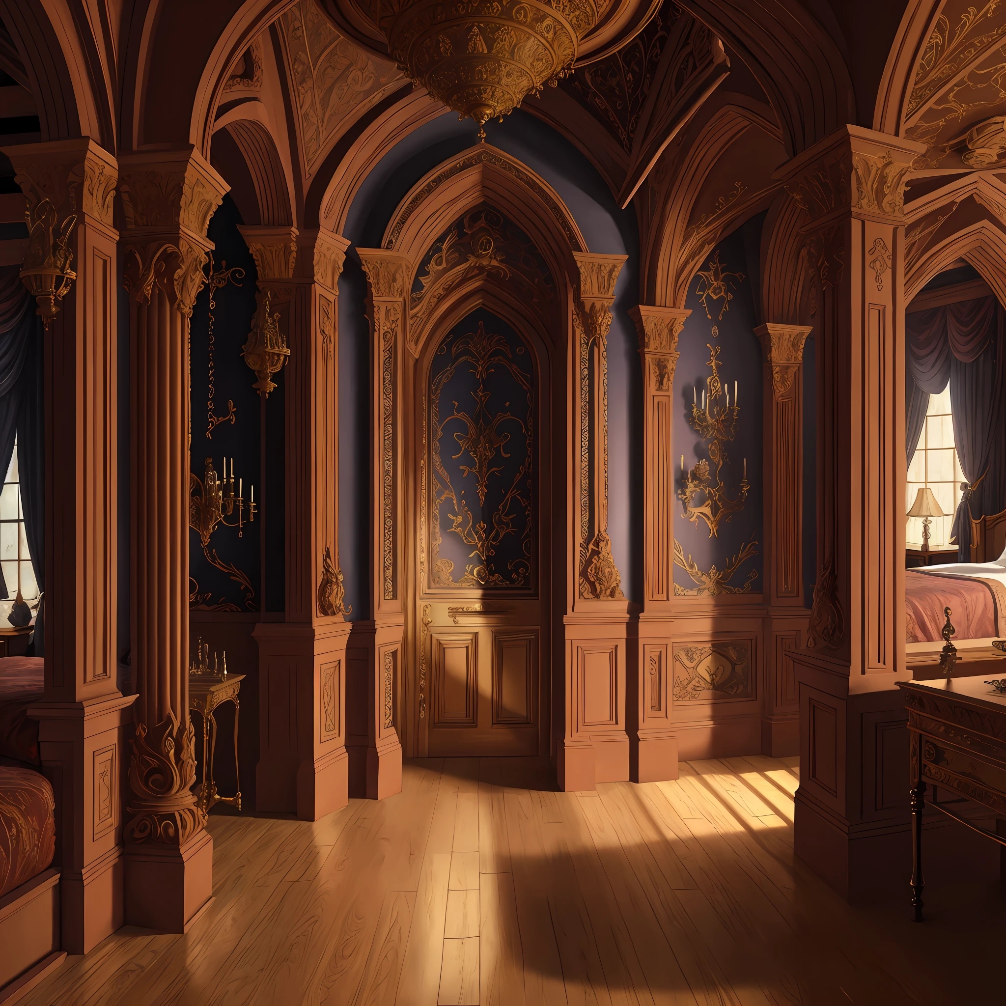 luxurious victorian era gothic bedroom interior detailed walls, rich ornate fabrics, (masterpiece:1.1) (painting:1.1) (weighted lines) (best quality) (detailed) (intricate) (8k) (HDR) (wallpaper) (cinematic lighting) (sharp focus)