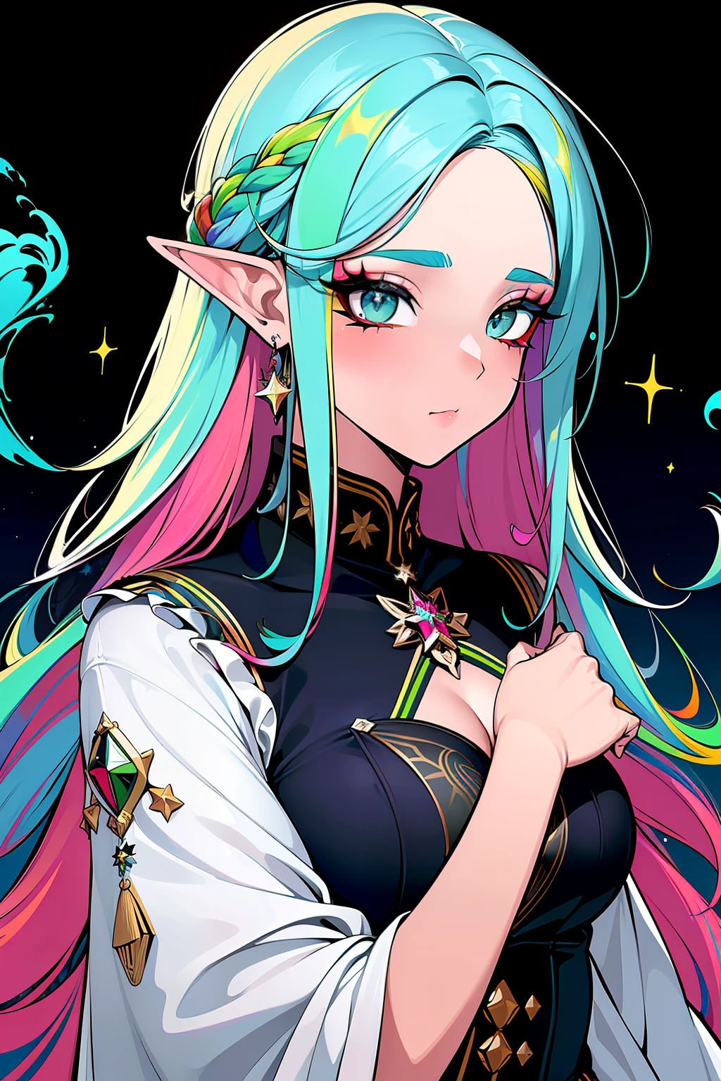 uma linda garota, (rosto ultra detalhado), (((rainbow hair))), (olhos detalhados com olheiras), (pupila amarela), ((olhos amarelos)), (((large eyelashes))), ((Tira Reta)), ((rainbow colored hair)), ((elf)), corpo de mulher madura, (seios grandes), (quadril largo), ((ornamento no cabelo), exibindo figura delicada e curvas graciosas, Ethereal, celestial, galaxy, estrelas, cosmic enlightenment, fotografia de estilo sonhador, super detalhado, roupas vermelhas, Multicolored blue smoke background, Colorful mist, diamantes, varias estrelas ao redor