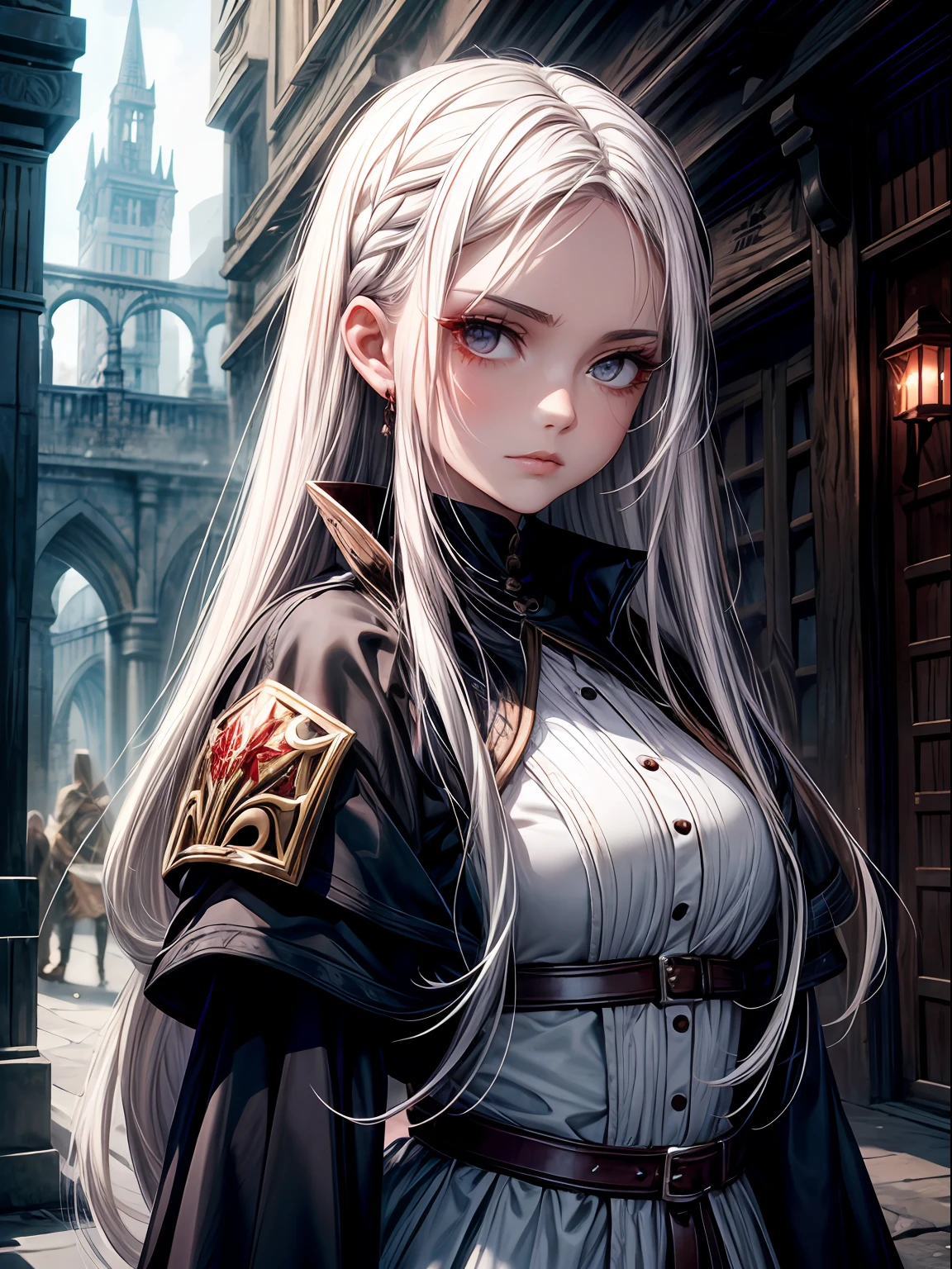 Mujer madura, ojos rojos, cabello blanco, Cabello largo, cabello liso, hair strand, pale white skin. Lleva un traje, Cuello de pie, Capa oscura, guantes blancos. Tiene dos dagas en la cintura. Medieval, fantasy, sangre.