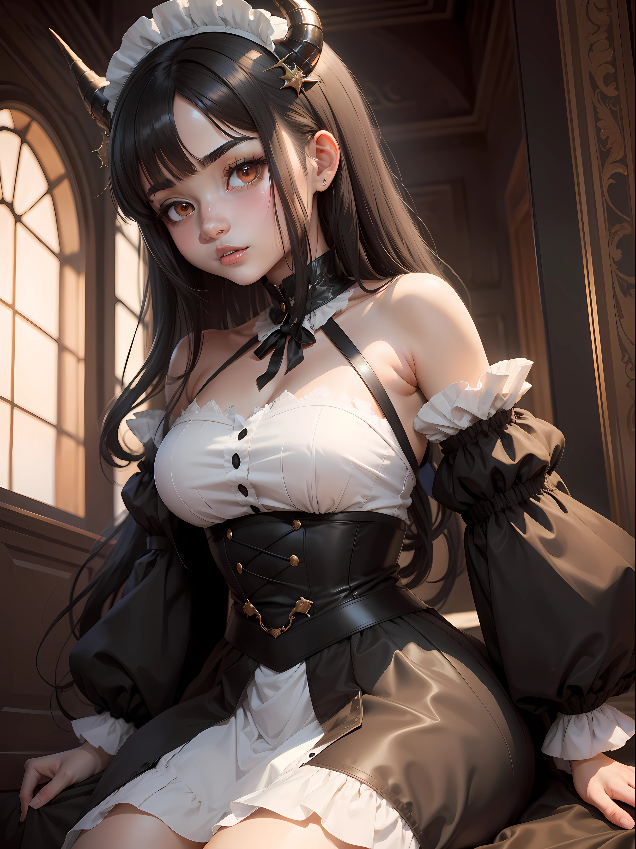 Young maid with black hair and black eyes. She is light brown and docile. anime girl. She has a horn as a dragon and some scales on her skin.