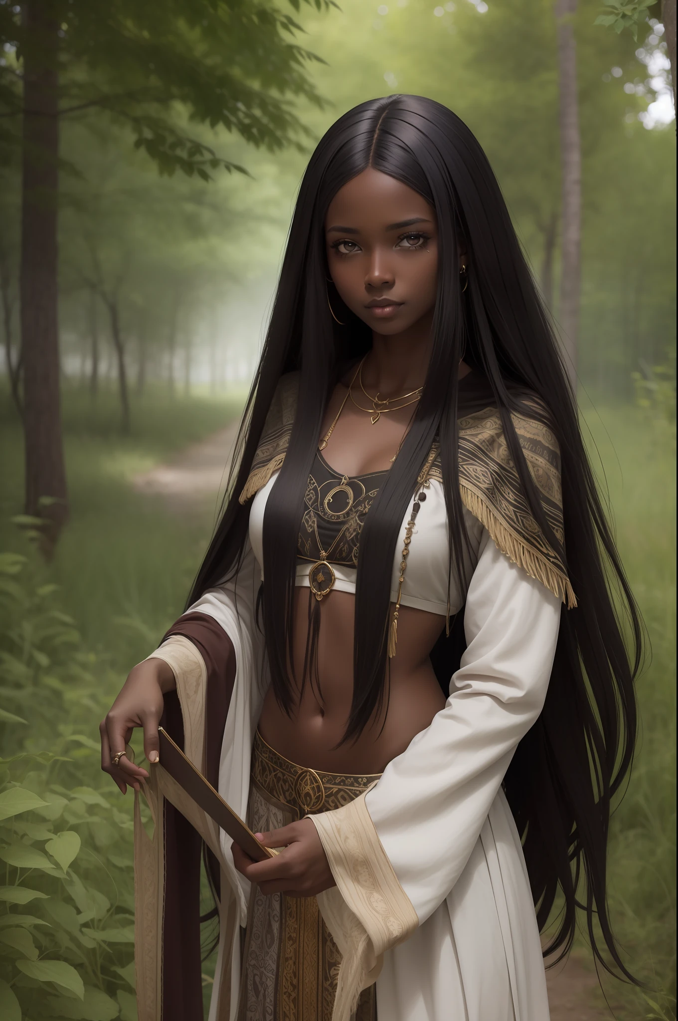 22 years old woman, dark skin, long dark hair, folk summer clothes, high fantasy style, medievial style