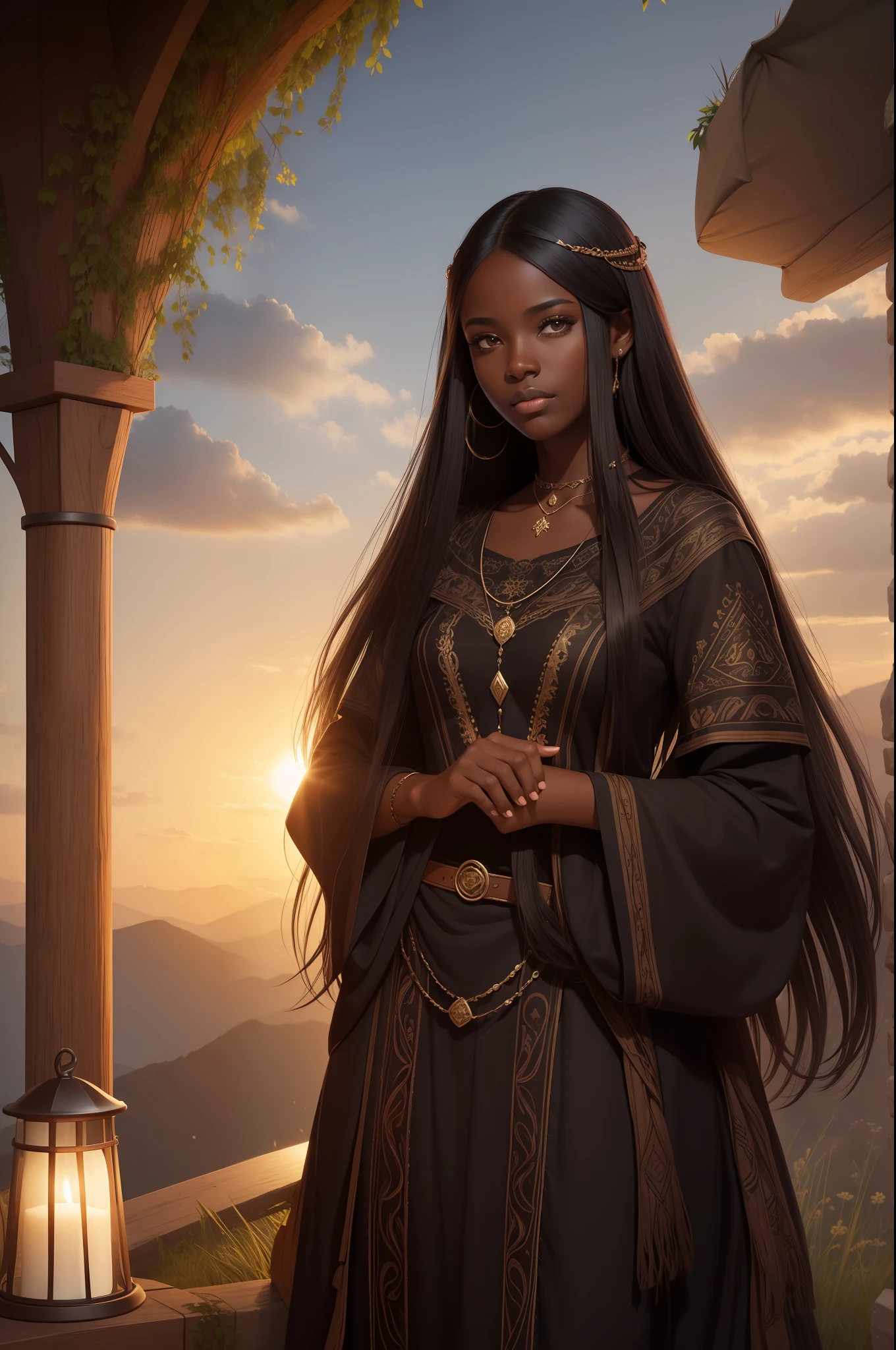 22 years old woman, dark skin, long dark hair, folk summer clothes, high fantasy style, medievial style