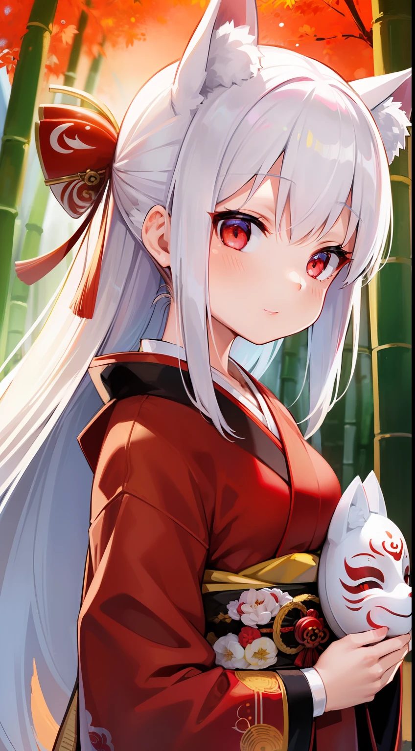 (best quality,ultra detailed)、1girl、summer、(fox mask)、red kimono、japan shrine、fox year、super white hair、red eyes、sidetale hair、bamboo grove、(fox mask)