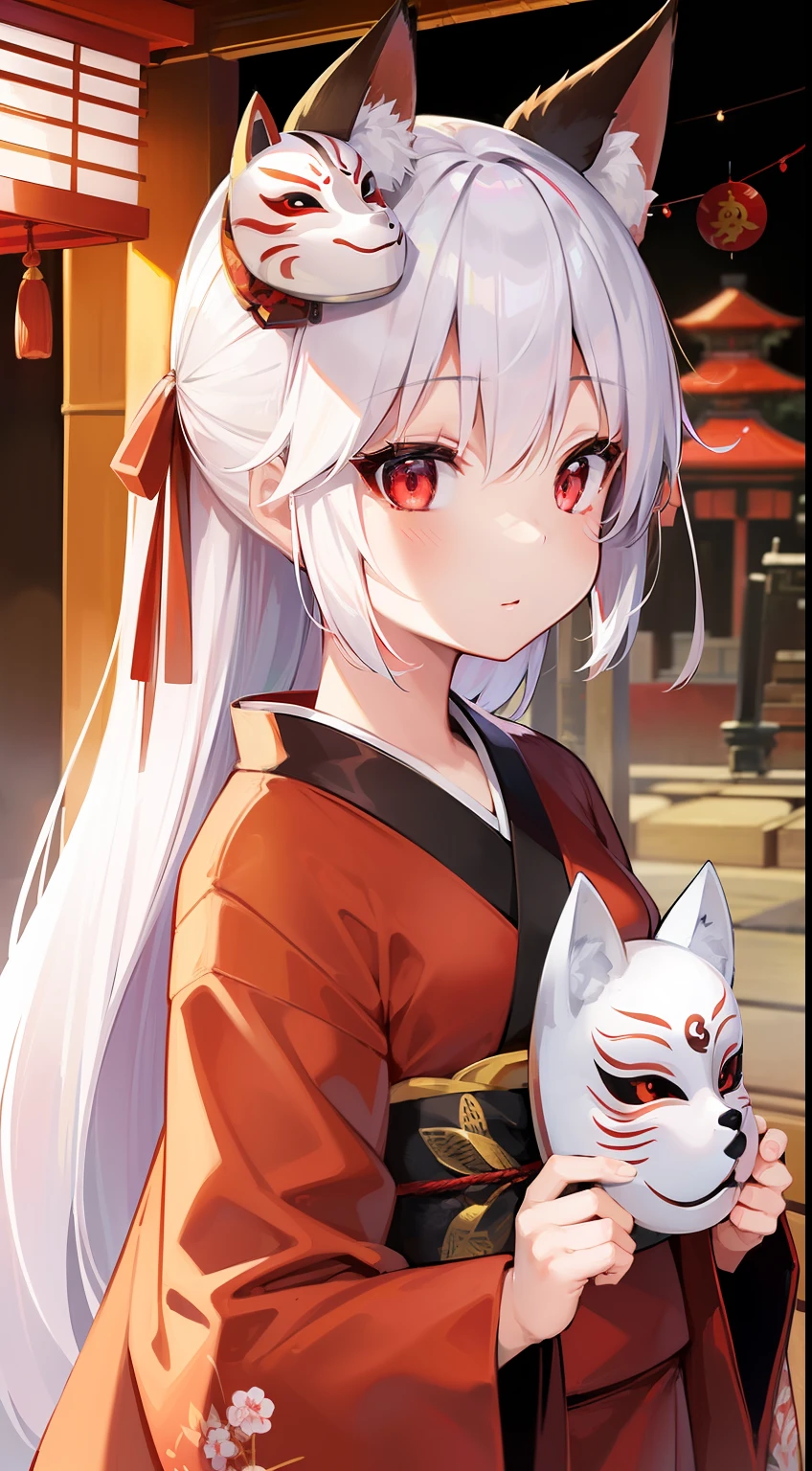 (best quality,ultra detailed)、1girl、summer、(fox mask)、red kimono、japan shrine、fox year、super white hair、red eyes、sidetale hair、bamboo grove、(fox mask)