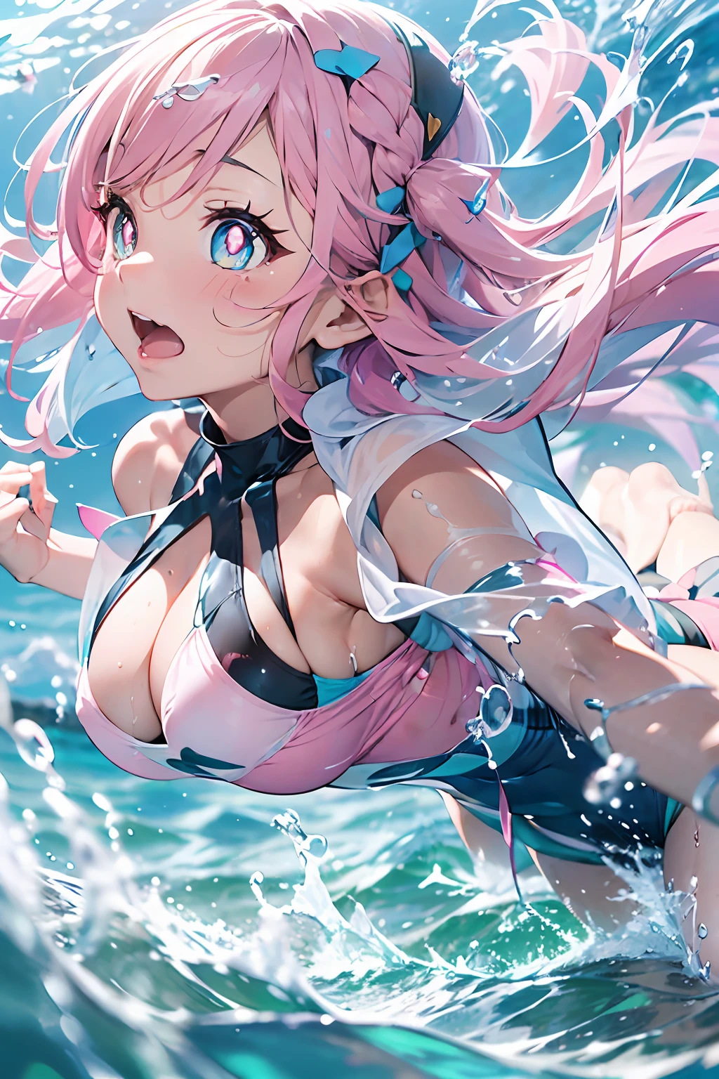 ((Water Breath)), ((Splash)), wide Shots(Vigorous attack action:1.5).wide Shots,Seen from the side.fullllbody ,
In Pretty Cure Style,(((masutepiece))) (1 girl)((Pink hair, Long hair,Straight hair,two side up)) (Green eyes),eyeshadows, eye line,gloweyes, ultradetailed eyes, intricate eyes, Beautiful eyes, ((Glowing pink pupils))a 18 year old girl.Water breathing、kick.high-heels(black backgrounds:2)Water Magic Circle、water magic、Manipulating water
, Photos of anime-style fantasy figures in pink uniforms splash into the sea, 1girl in, Long hair, Pink hair, Solo, breasts, Water, Pink one-piece swimsuit, Open mouth, Swimsuit, playing in the water, Blue eyes, Ahoge, cleavage, Woman in pink dress with sword in hand on the waves, 1girl in, Long hair, Solo, Pink hair, Swimsuit, Pink one-piece swimsuit, breasts, Blue eyes, Water, Open mouth, onepiece swimsuit, Ahoge, Very long hair, Small breasts, playing in the water