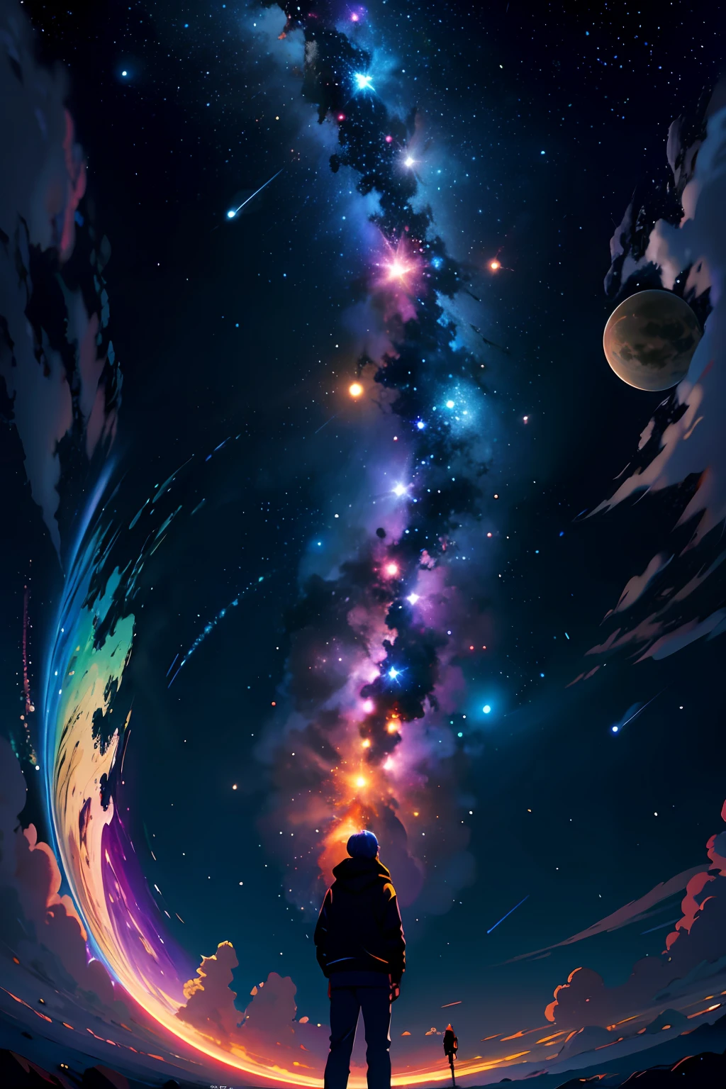 1menino, solo, standingn, outer space, estrela gigante, estrela brilhante, dim sky, roupas de nobre, roupa branca, roupa dourada, roupa preta, yggdrasil tree, giant tree, estrelas menores, (8k super detalhado), (obra-prima), ((obra-prima)), ((cinematic quality)), personagem olhando para a tela, Character in space, fora do planeta, Character flying in space, estrelas de fundo, yggdrasil de fundo, Dark sky around, Dark sky background, nuvens escuras, nuvens claras, personagem de luz, personagem iluminado, personagem brilhante, destaque aos elementos de fundo, destaque ao personagem masculino