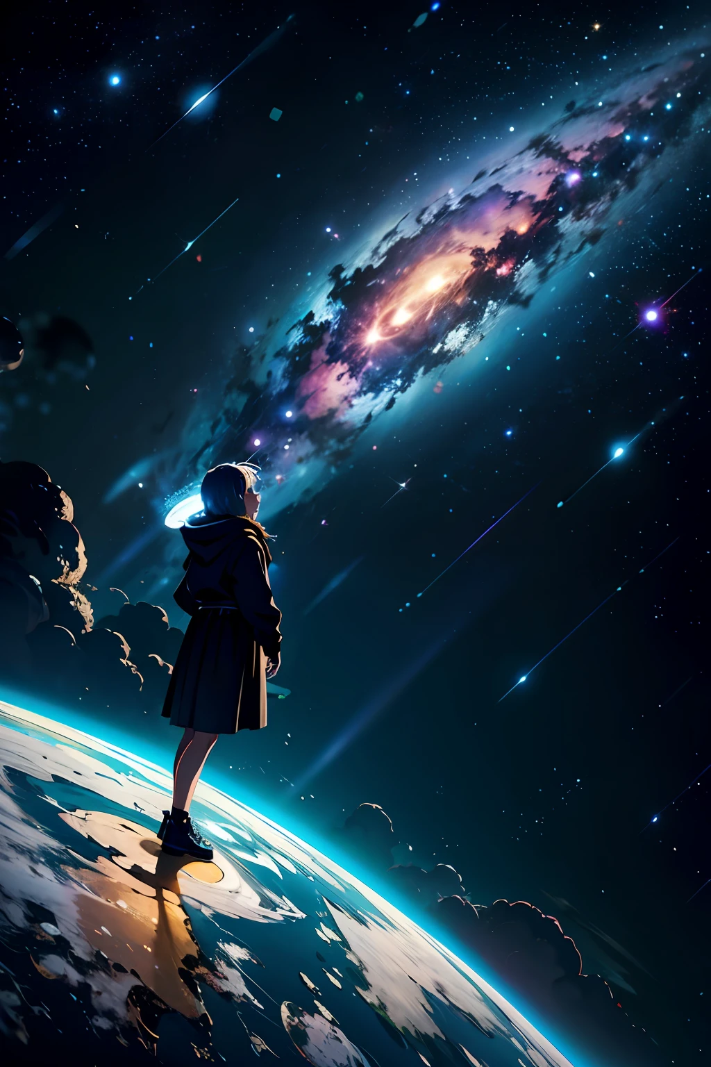 1menino, solo, standingn, outer space, estrela gigante, estrela brilhante, dim sky, roupas de nobre, roupa branca, roupa dourada, roupa preta, yggdrasil tree, giant tree, estrelas menores, (8k super detalhado), (obra-prima), ((obra-prima)), ((cinematic quality)), personagem olhando para a tela, Character in space, fora do planeta, Character flying in space, estrelas de fundo, yggdrasil de fundo, Dark sky around, Dark sky background, nuvens escuras, nuvens claras, personagem de luz, personagem iluminado, personagem brilhante, destaque aos elementos de fundo, destaque ao personagem masculino