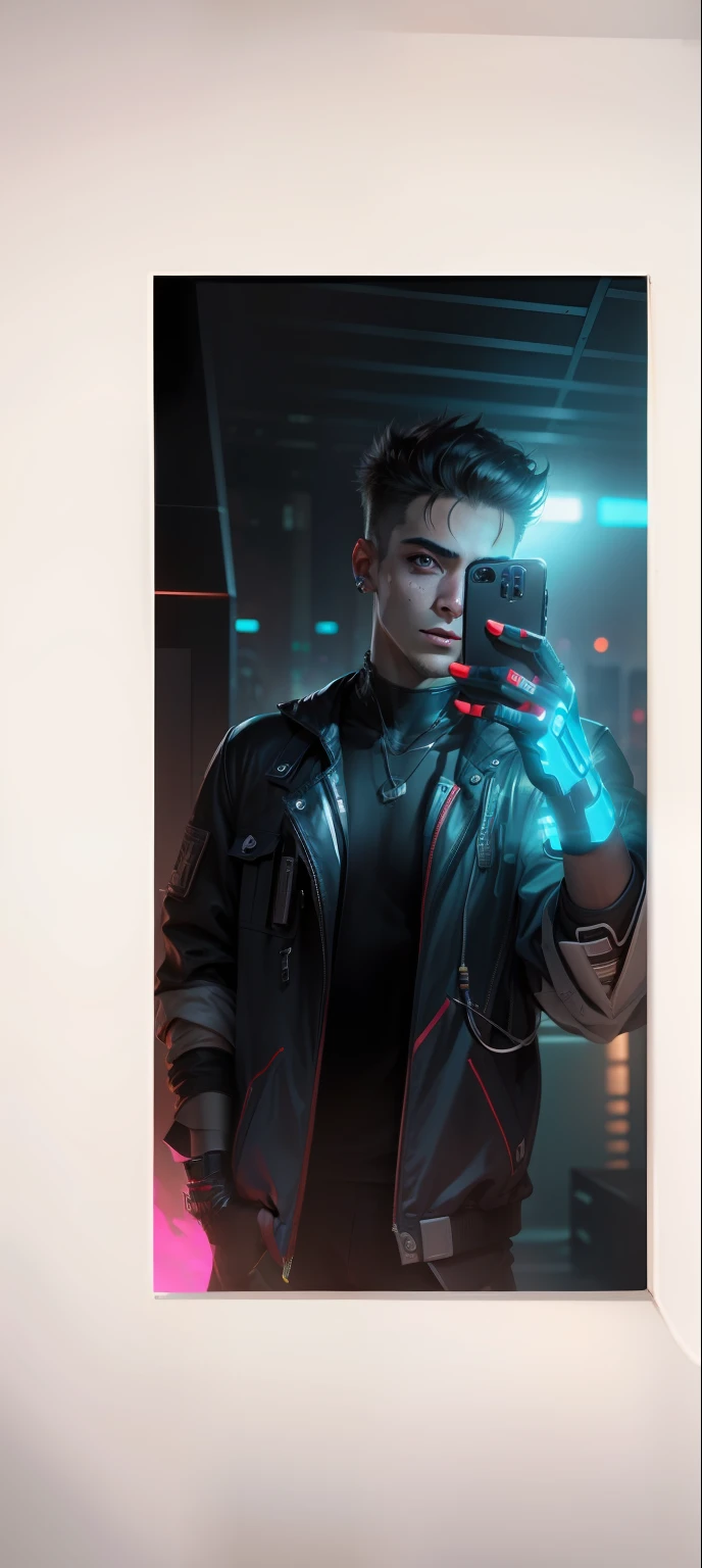 Change background cyberpunk cute boy, realistic face ,8k , ultra realistic taking selfie,