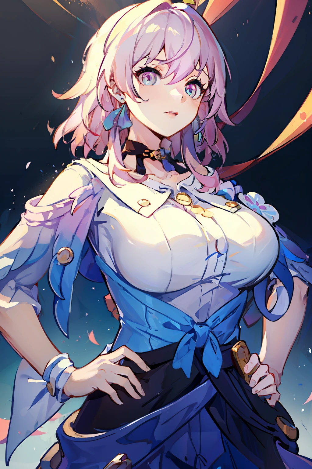 (masterpiece),best quality, expressive eyes, perfect face, 1girl,
big breast, H-cup, good breast, beautiful, gorgeous,anime,girl,lora, hands on waist, hands on hips,march7th,
multicolored_eyes,
pink hair,
ribbon earrings,