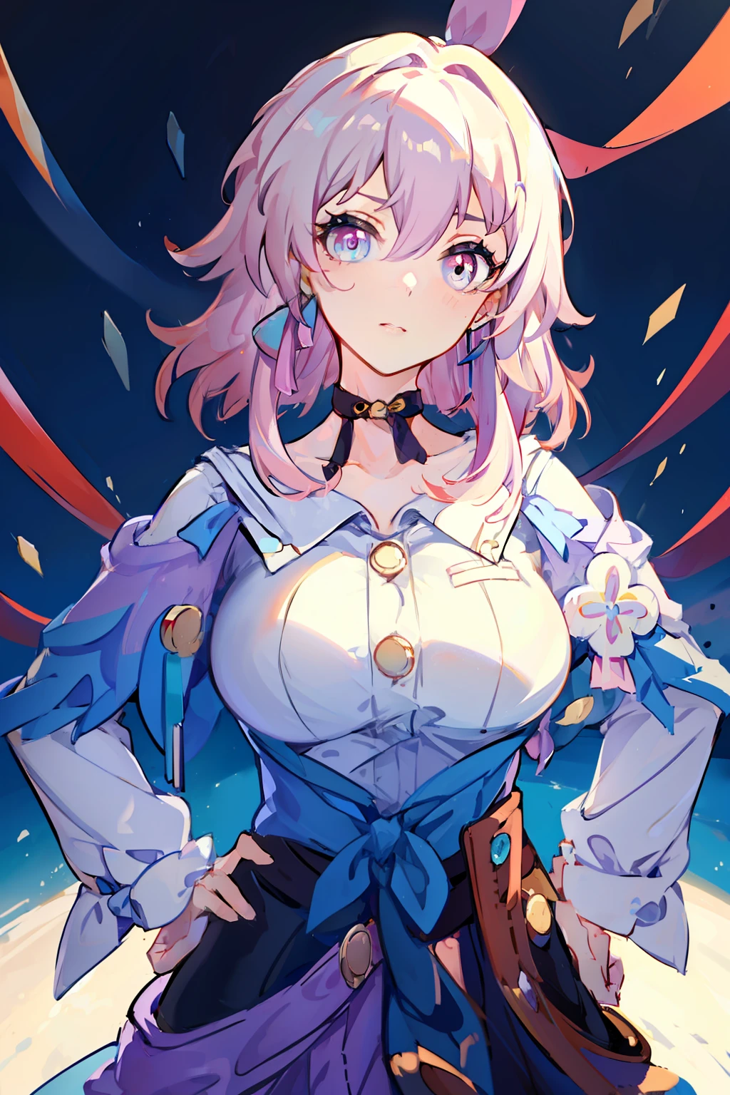 (masterpiece),best quality, expressive eyes, perfect face, 1girl,
big breast, H-cup, good breast, beautiful, gorgeous,anime,girl,lora, hands on waist, hands on hips,march7th,
multicolored_eyes,
pink hair,
ribbon earrings,