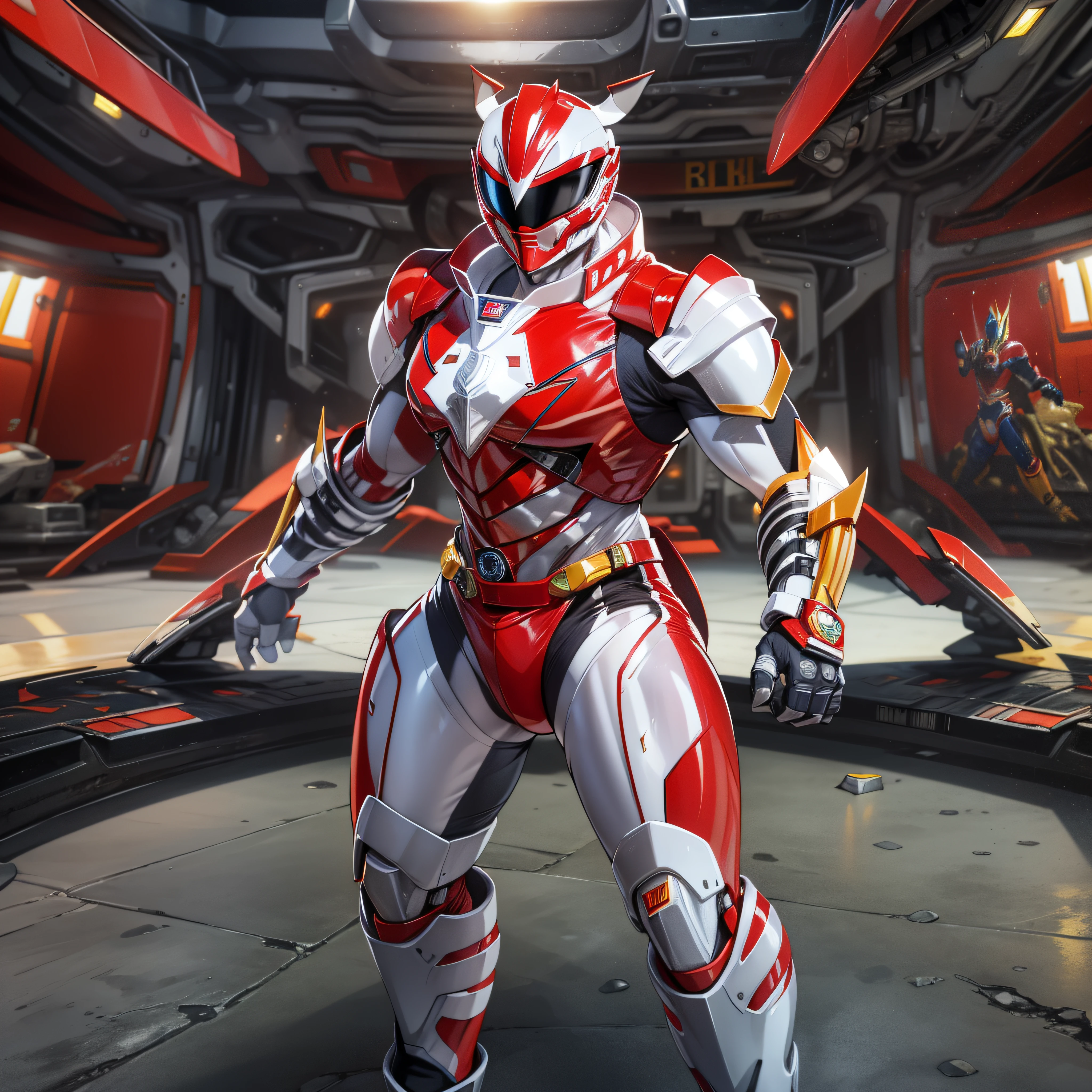 1man, masterpiece,best quality, masterpiece, high detail,detailed face,detailed eyes,rendered eyes,perfect eyes,hip lines,ambient occlusion,crisp image,detailed,amazing,8k,8k wallpaper,8k in megazord cockpit background, high detailed skin,high res, ((male shot)), (running), megazord, mecha, (sitting in megazord cockpit) ((solo)), (Red chrome Power Ranger), (((Red chrome armor))), (((Red chrome Rhino helmet))), (((red chrome bodysuit))), white belt, black eyes, white gloves))), (((white boots))), gold chrome armor, white gloves, red chrome bodysuit, vambraces, photo-realistic, ultra-realistic, unreal engine,