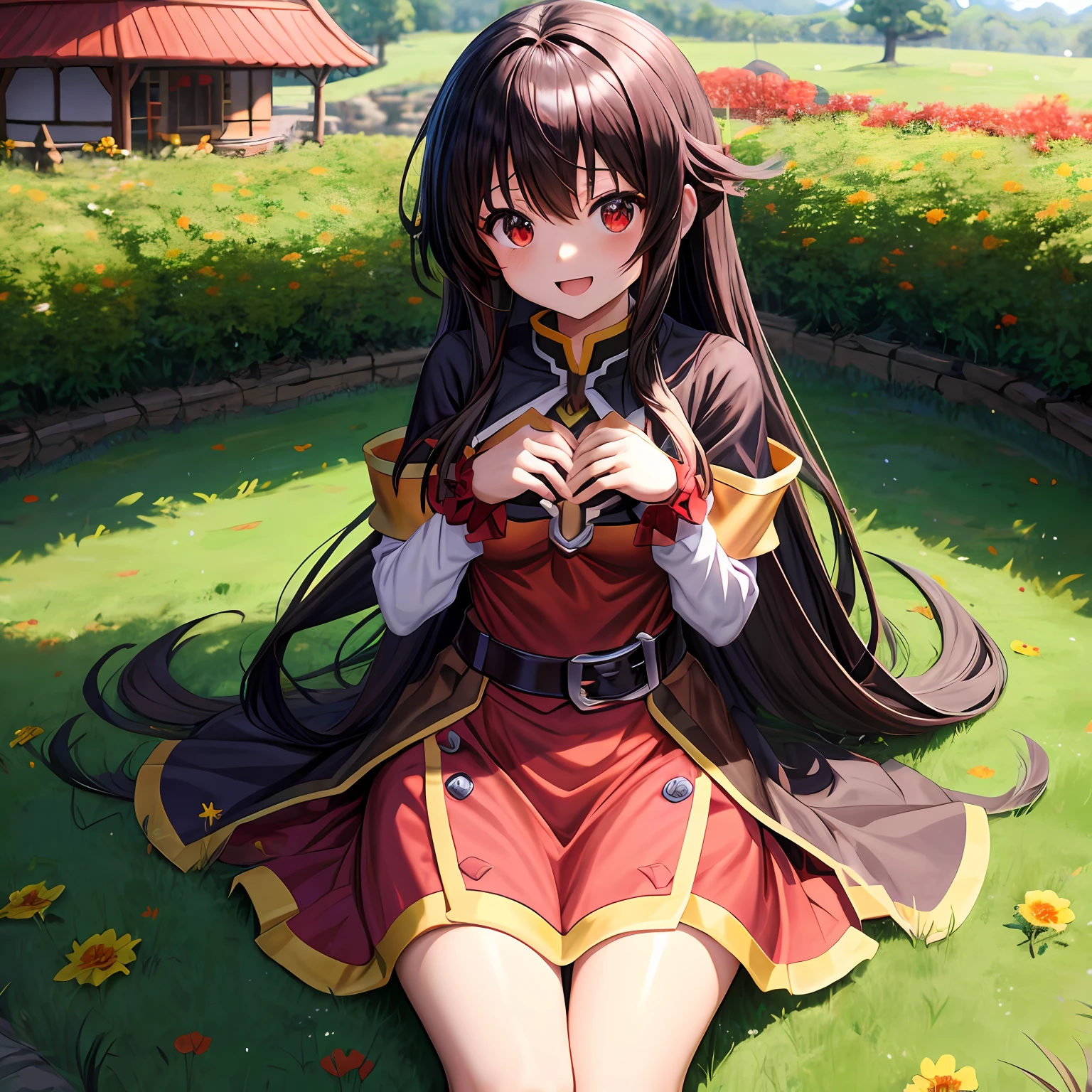 Cabelo curto (castanho), beautiful hands、red eyes、Megumin Konosuba、solo、animesco、fora dos ombros、uma minissaia、Campo de flores