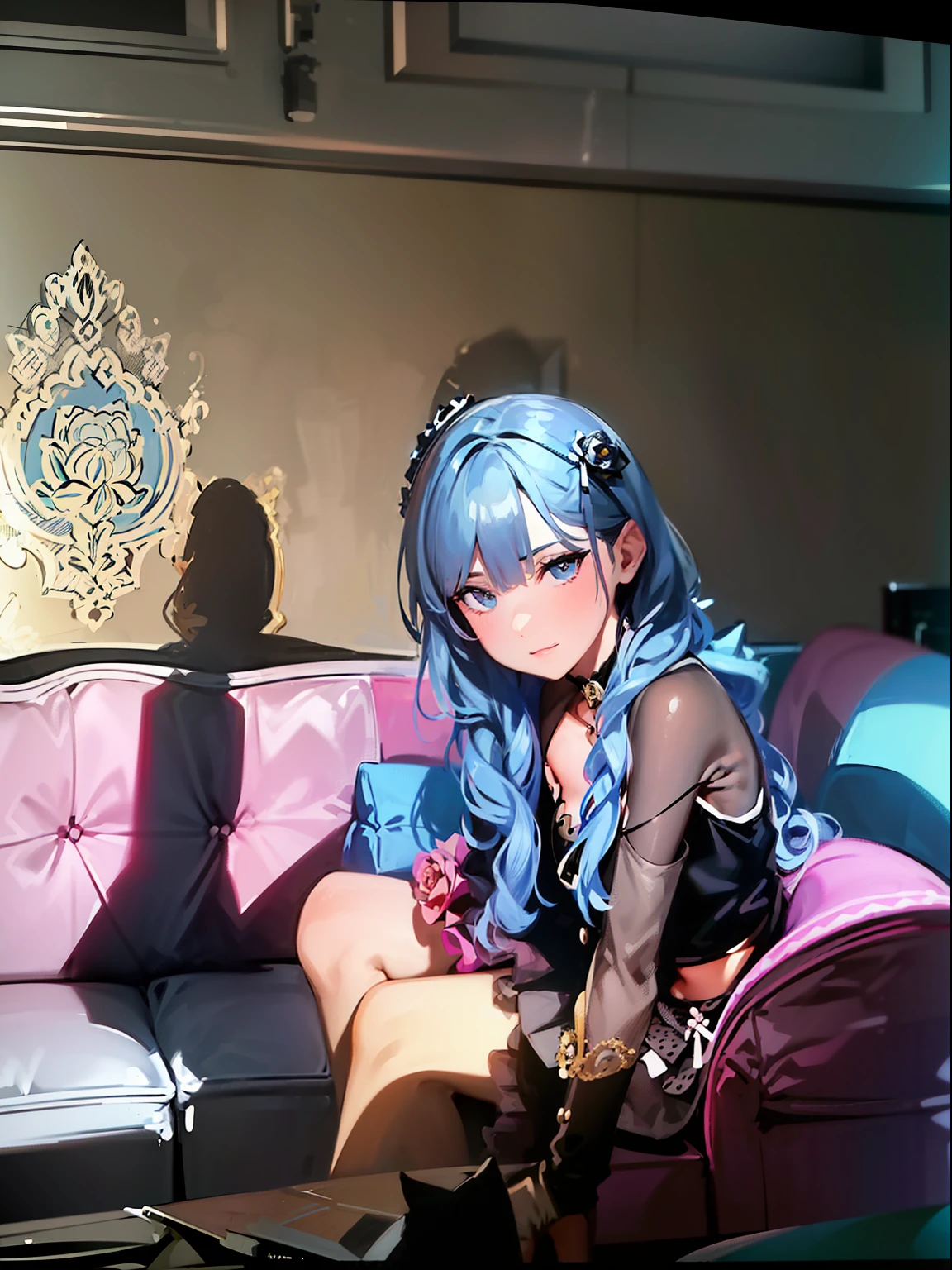 best quality, 4k, shadows, silhouette, a girl, one piece skirt with poka dot, internal, elegant, indoor, vogue magazine,((muted color in background)), flower shaped shadows in background, ((sofa)), ((boxed patterned in background)), ((brown and black background)), rose, holds a small plant, ((skyblue)), ((classy background)), $manga, many plants$