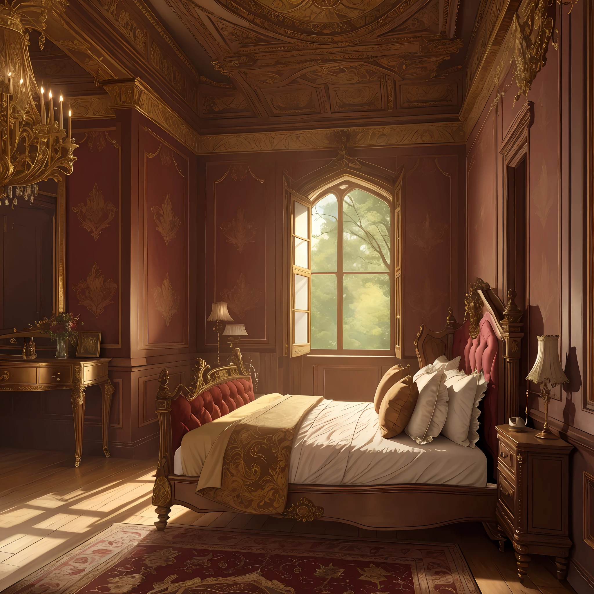 luxurious victorian era gothic bedroom interior detailed walls, rich ornate fabrics, (masterpiece:1.1) (painting:1.1) (weighted lines) (best quality) (detailed) (intricate) (8k) (HDR) (wallpaper) (cinematic lighting) (sharp focus)