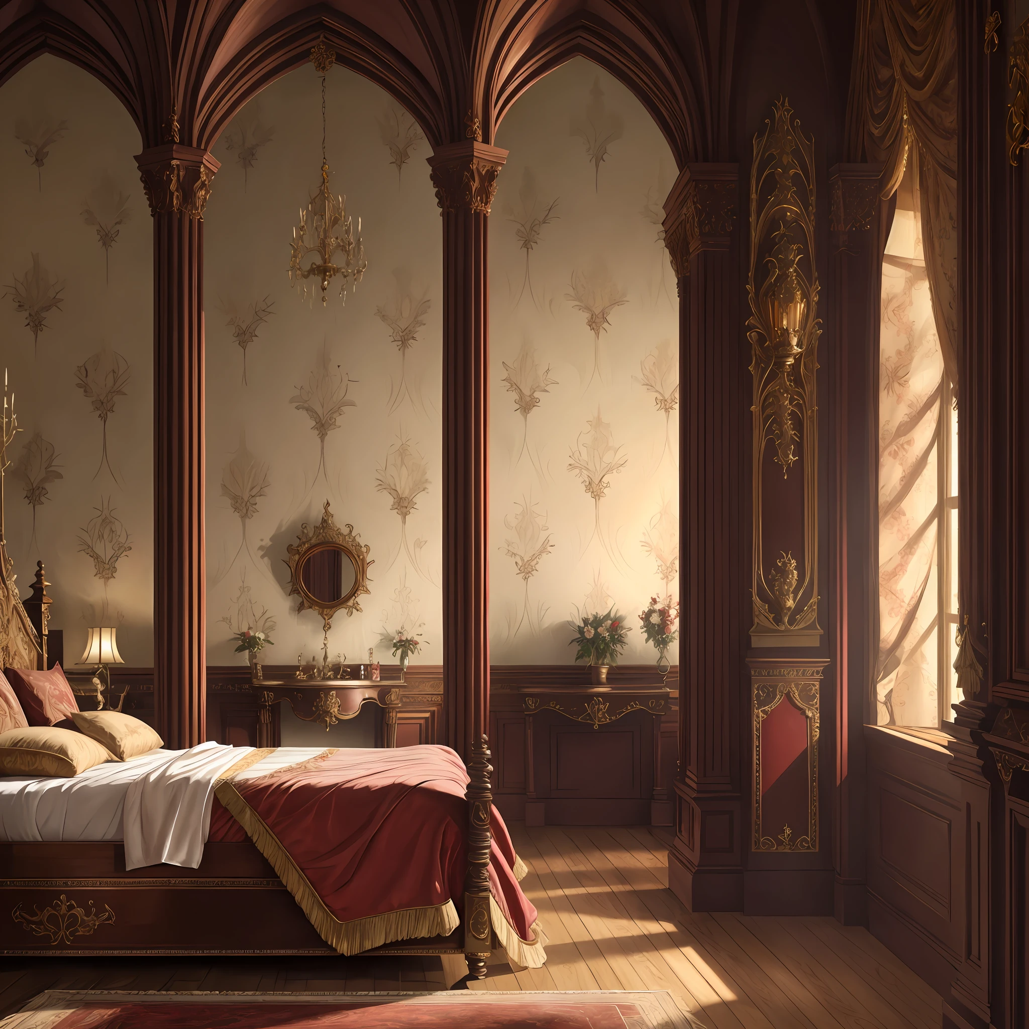 luxurious victorian era gothic bedroom interior detailed walls, rich ornate fabrics, (masterpiece:1.1) (painting:1.1) (weighted lines) (best quality) (detailed) (intricate) (8k) (HDR) (wallpaper) (cinematic lighting) (sharp focus)