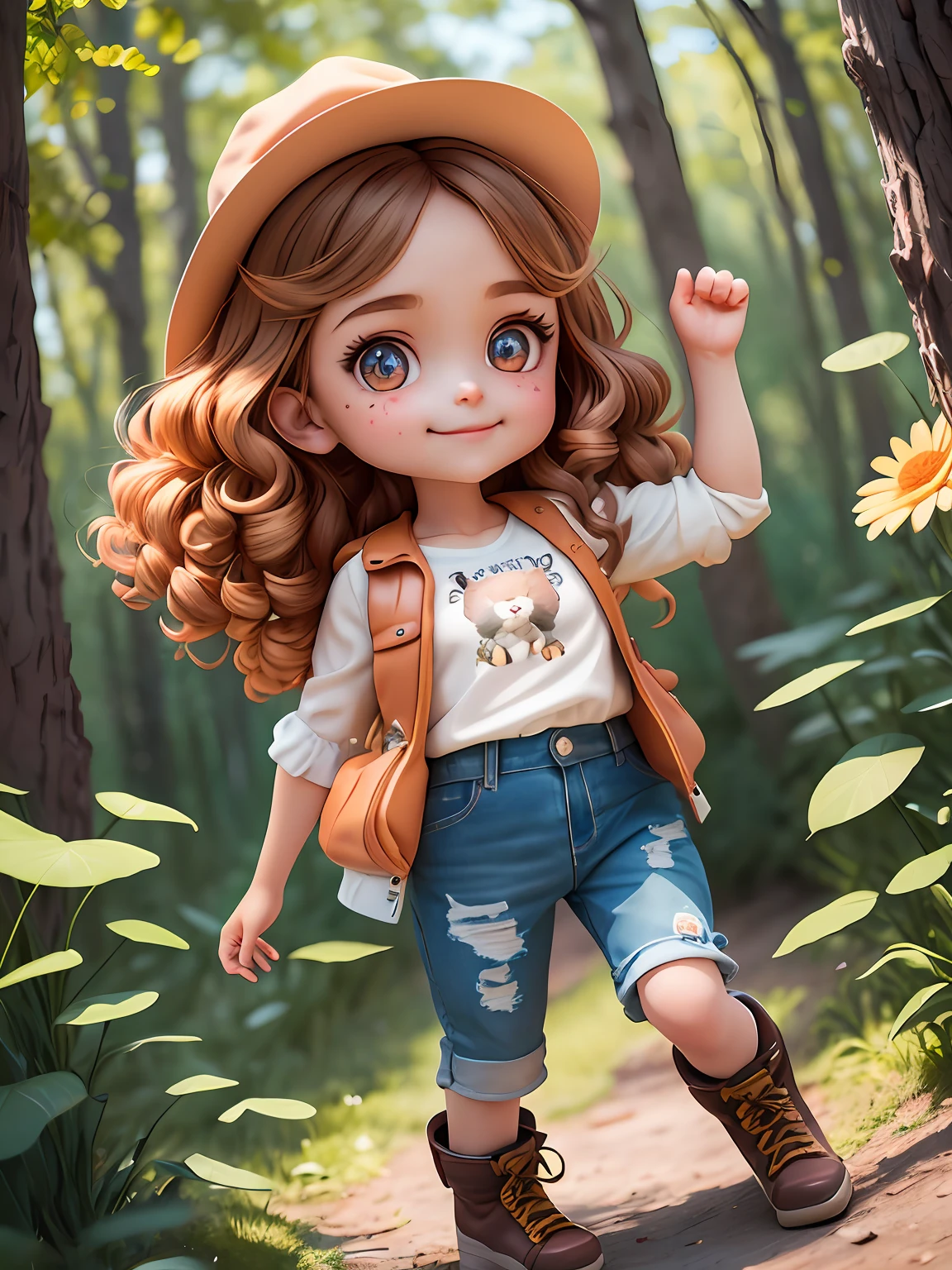 (masterpiece),(best quality),(ultra-detailed), (full body: 1.2), 1girl, Chibi, Cute, smile, shirt, Laura was a girl with light brown hair, which fell in soft curls over her shoulders. His eyes were large and bright, the color of honey, full of curiosity and courage. His smile was infectious, lighting up the environment around him. She had a small, snub nose, which complemented her delicate face. Laura was short and agile, always ready to explore new places and face challenges. She wore a comfortable, colorful outfit, with a brown leather vest, a floral blouse, and ripped jeans. On her feet, she wore sturdy hiking boots, perfect for her adventures in the woods. Laura had a special sparkle in her eyes that reflected her adventurous nature and her ability to find magic in every corner. (beautiful and detailed face), (beautiful detailed eyes),(masterpiece),(best quality),(ultra-detailed), (full body: 1.2), 1girl, Chibi, cute, smile, shirt, Laura was a , light brown hair, which fell in soft curls over her shoulders. His eyes were large and bright, the color of honey, full of curiosity and courage. His smile was infectious, lighting up the environment around him. She had a small, snub nose, which complemented her delicate face. Laura was short and agile, always ready to explore new places and face challenges. She wore a comfortable, colorful outfit, with a brown leather vest, a floral blouse, and ripped jeans. On her feet, she wore sturdy hiking boots, perfect for her adventures in the woods. Laura had a special sparkle in her eyes that reflected her adventurous nature and her ability to find magic in every corner. (beautiful and detailed face), (beautiful detailed eyes).