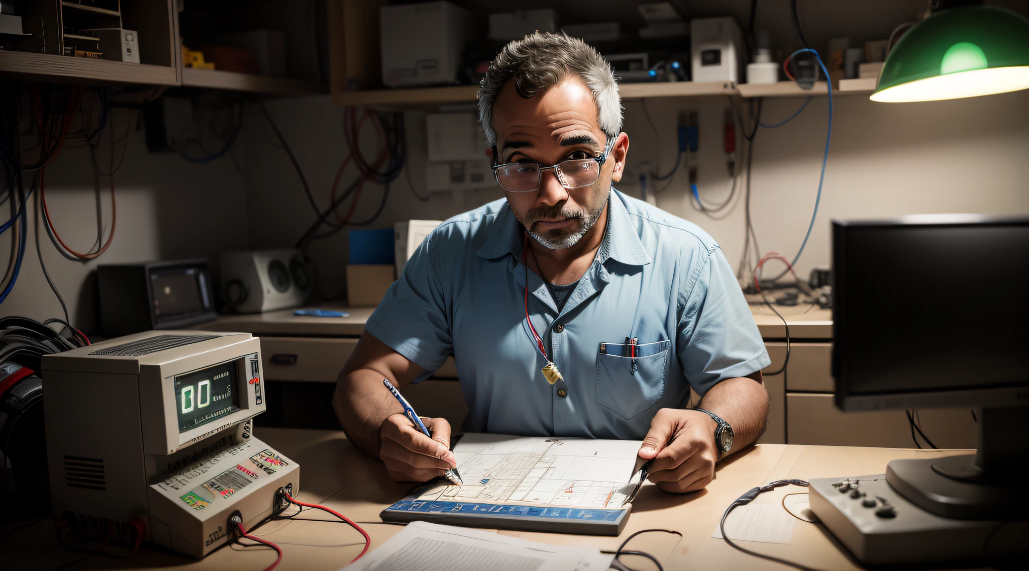 40-year-old electronics technician, brasileiro, avental, laboratory with electrical schematic, multimeter, a single person, modern laboratory, bem iluminado