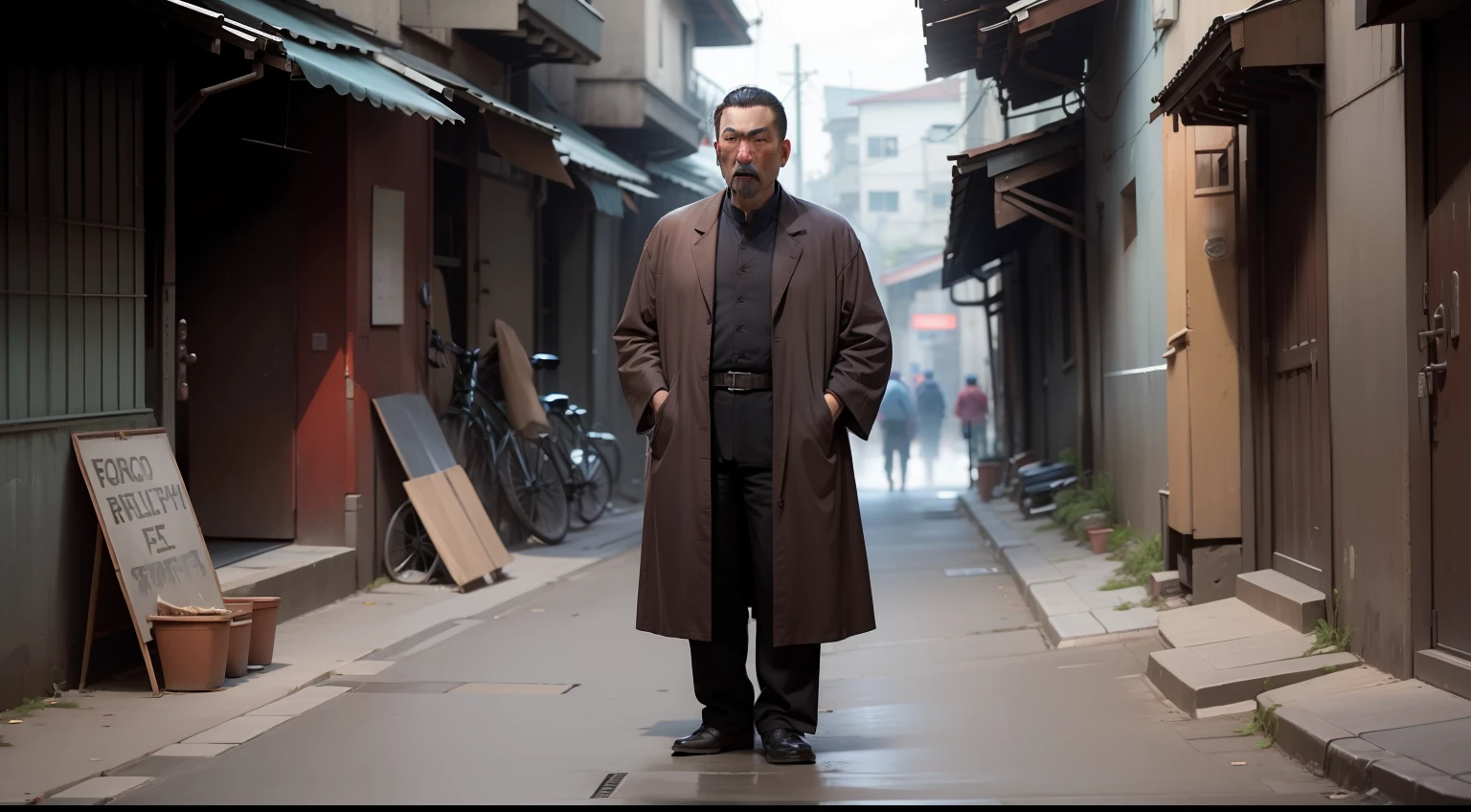 Alleys，A middle-aged oriental man，Draped with hair，Keep your head down and say nothing，looking at the ground，The look of loss，A mugshot